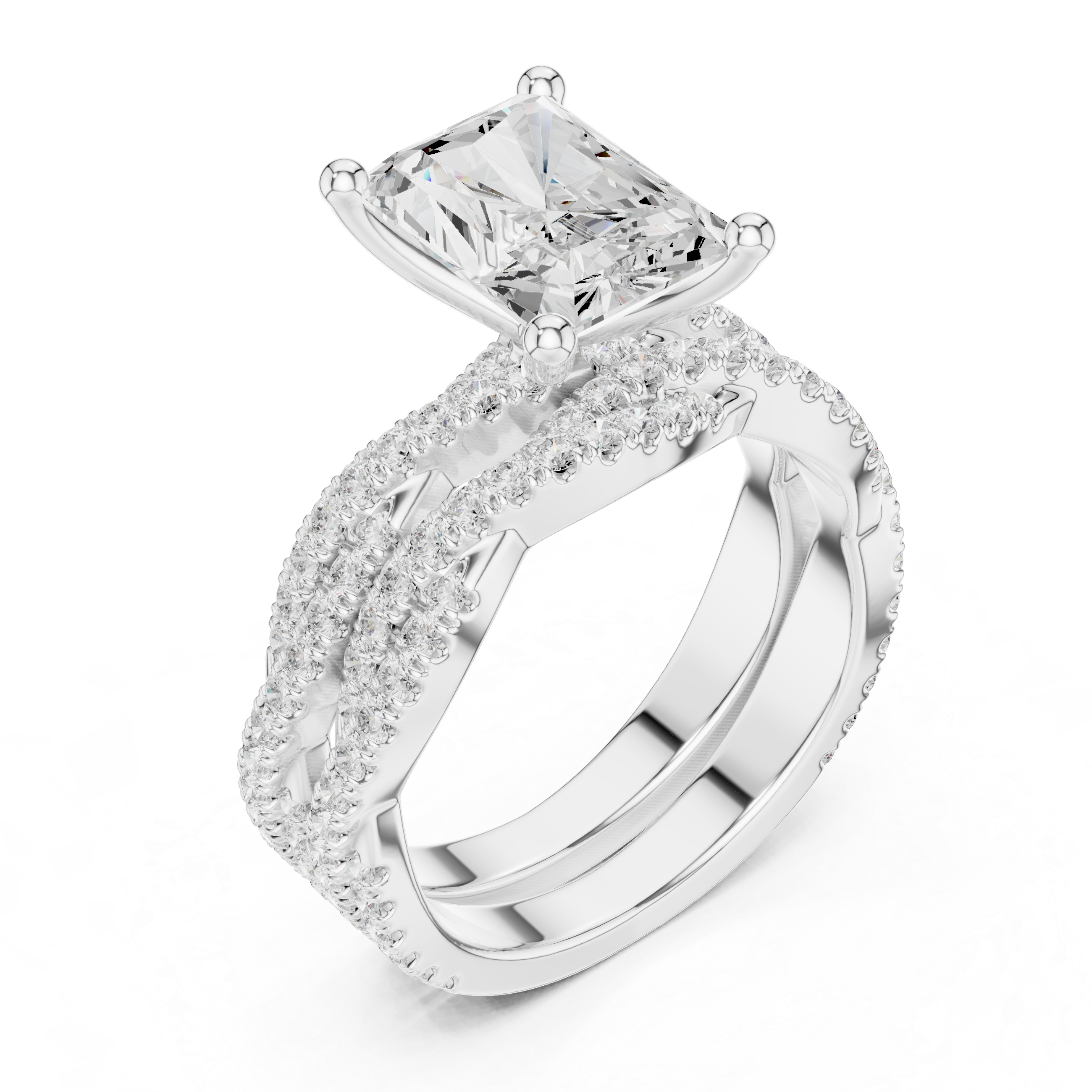Radiant Cut Triple Row Pavé Split Shank Engagement Ring