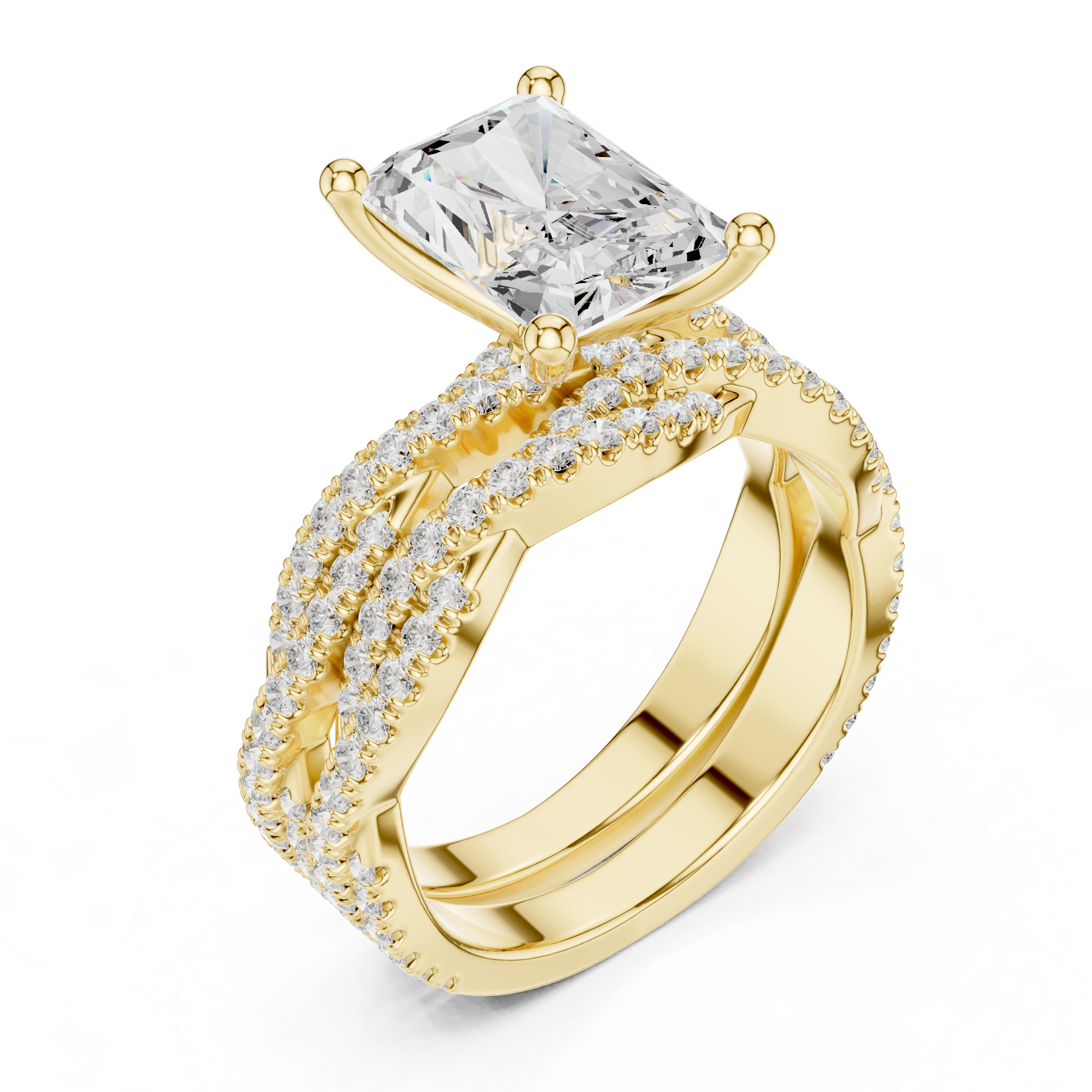 Radiant Cut Triple Row Pavé Split Shank Engagement Ring