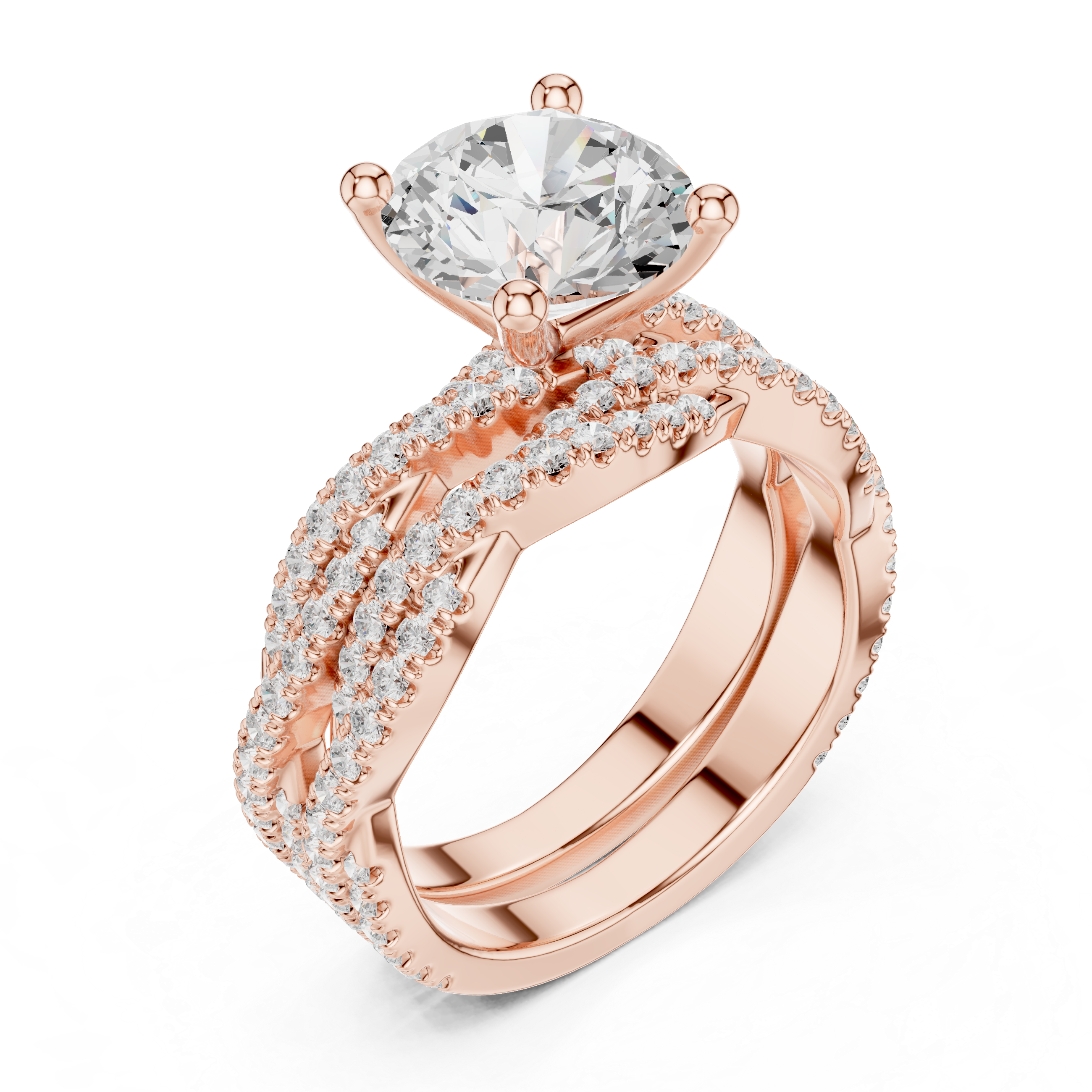 Round Cut Split Shank Diamond Engagement Ring with Triple Pavé Band