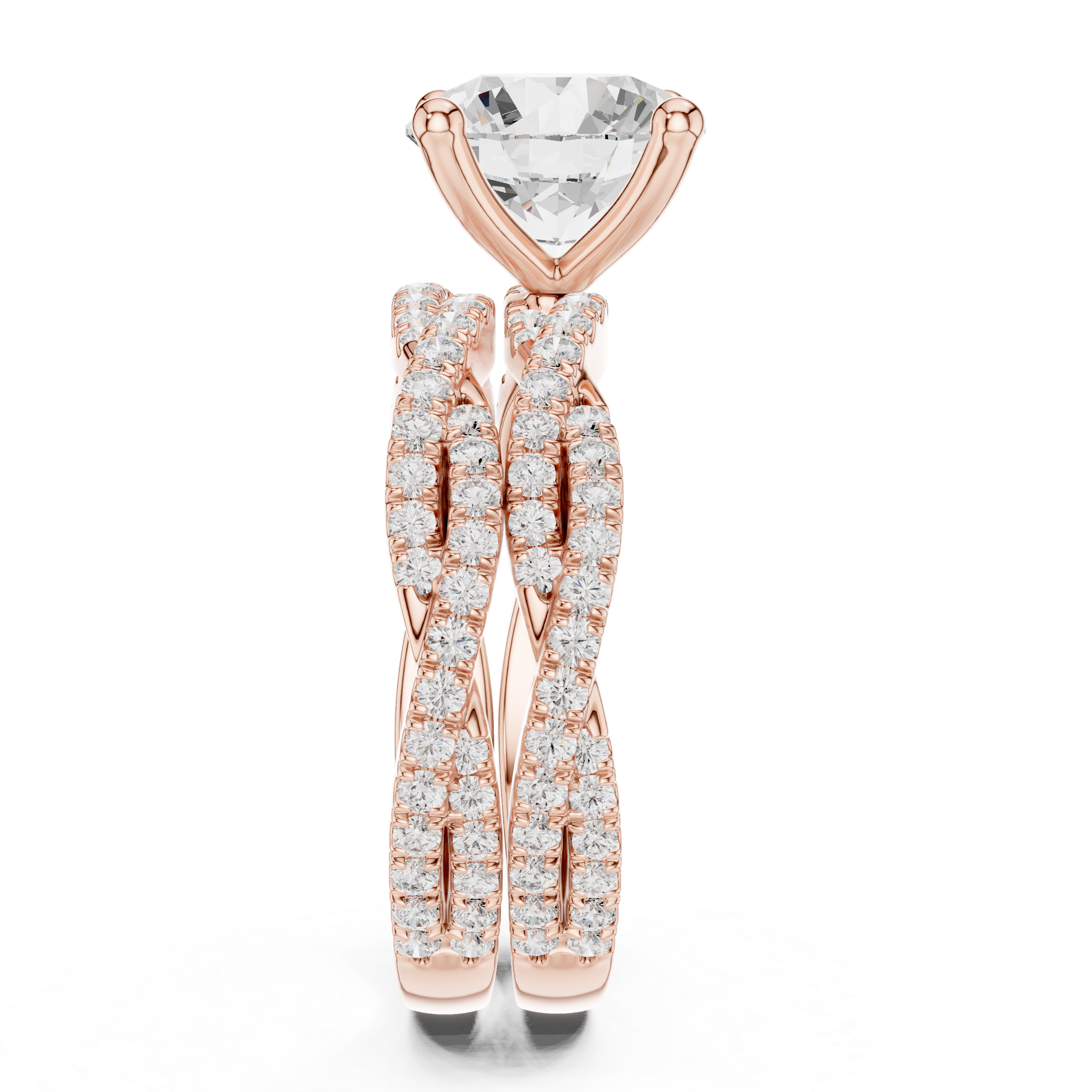Round Cut Split Shank Diamond Engagement Ring with Triple Pavé Band