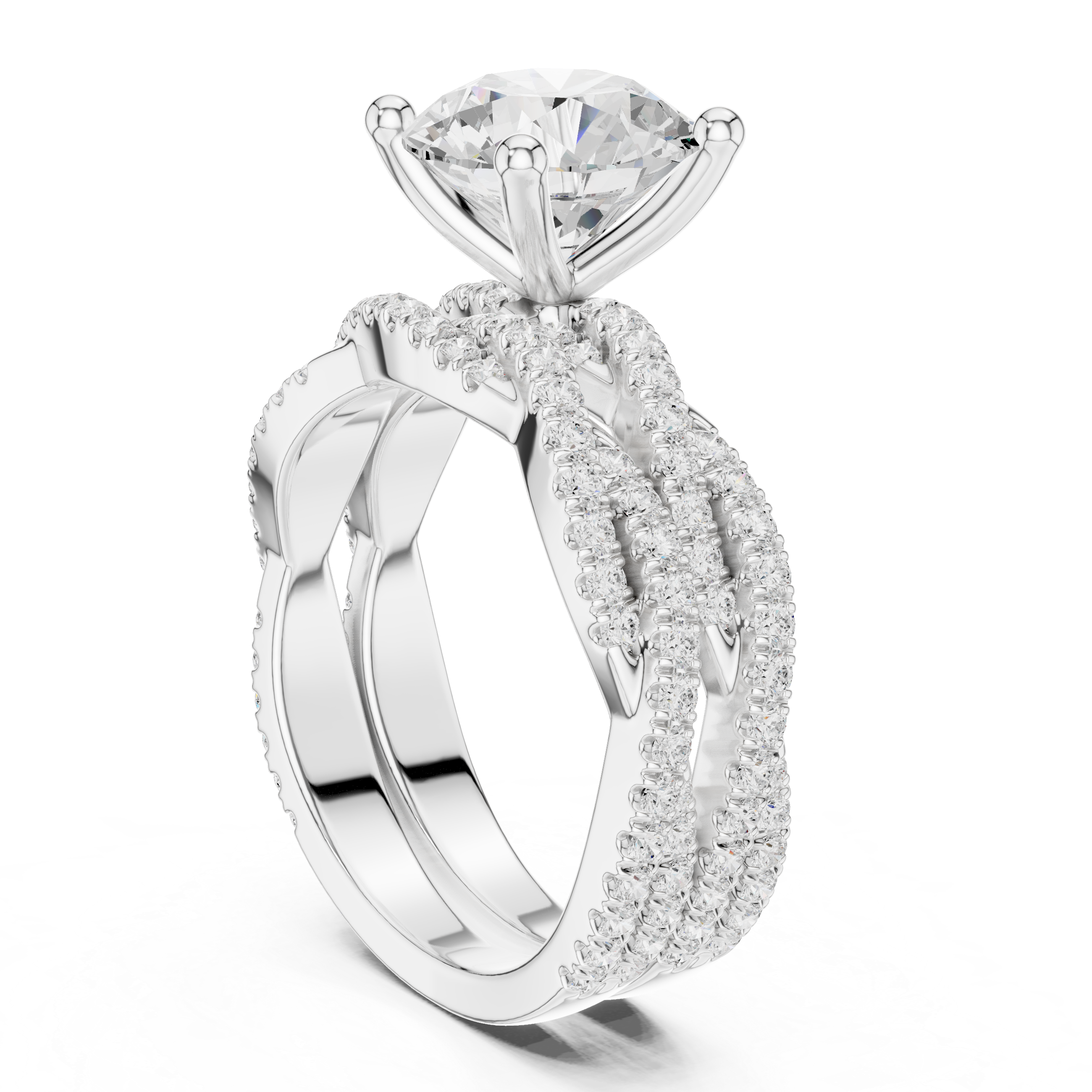 Round Cut Triple Row Pavé Split Shank Engagement Ring