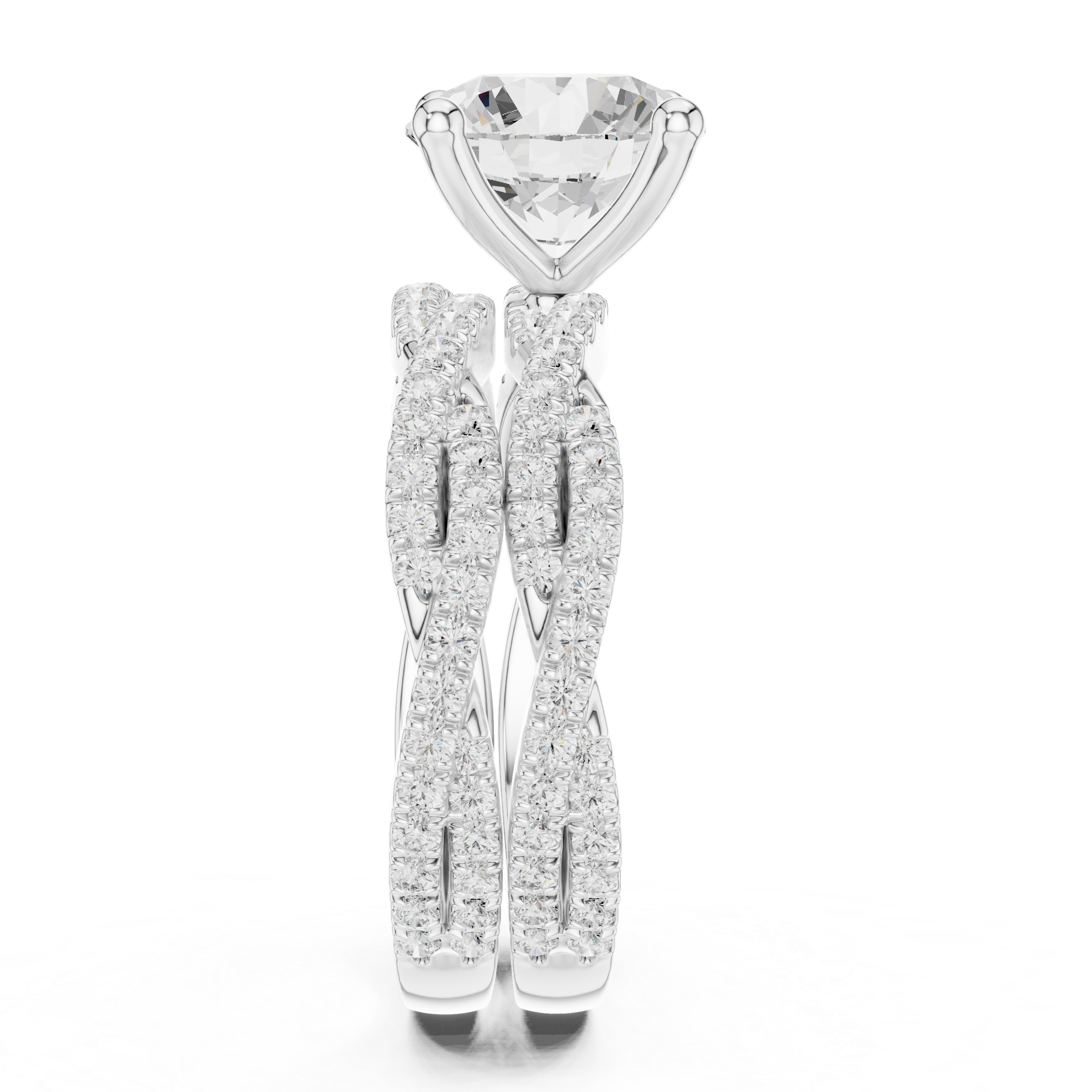 Round Cut Split Shank Diamond Engagement Ring with Triple Pavé Band