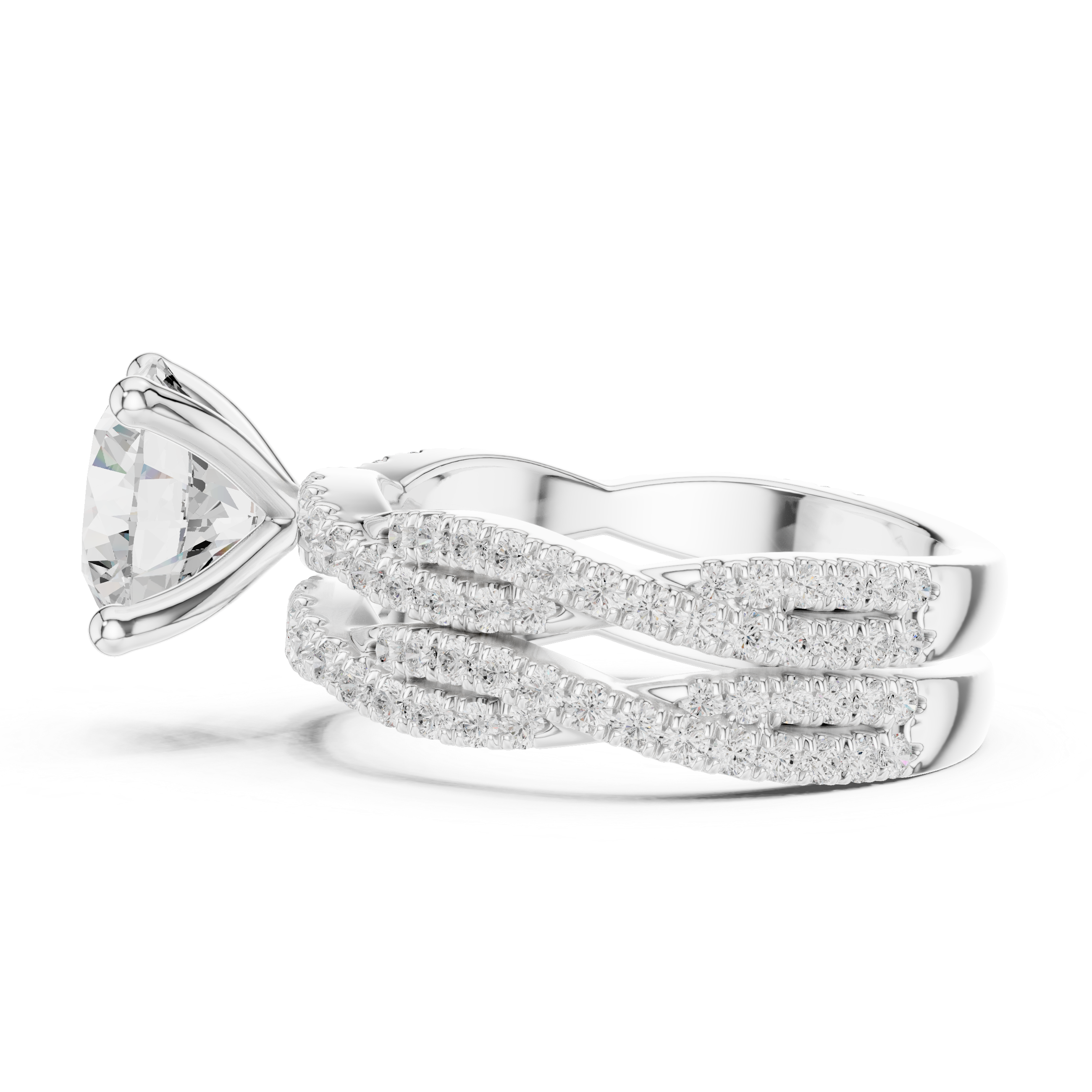 Round Cut Split Shank Diamond Engagement Ring with Triple Pavé Band