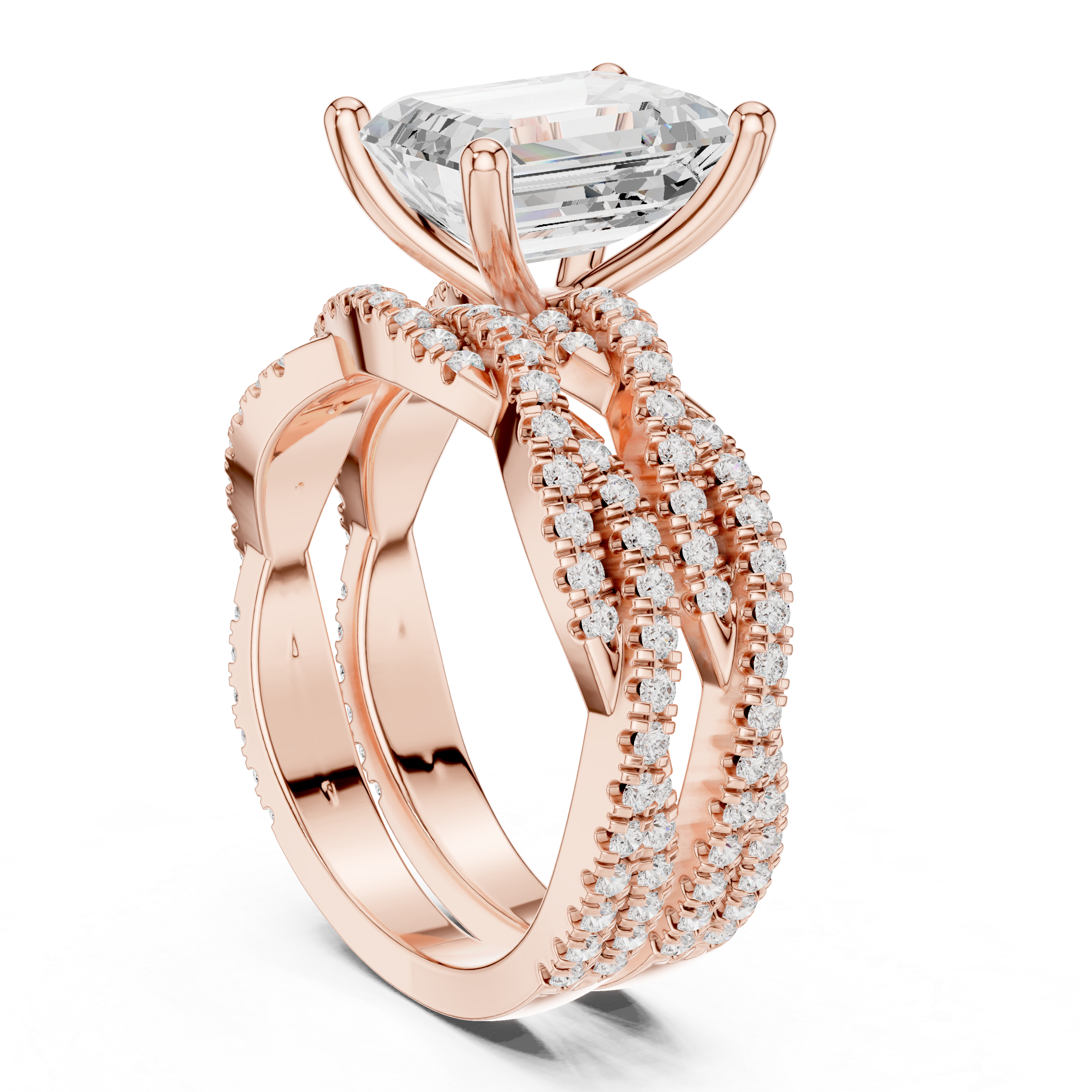 2.5 Carat Emerald-Cut Diamond Twisted Pavé Three-Piece Bridal Ring Set