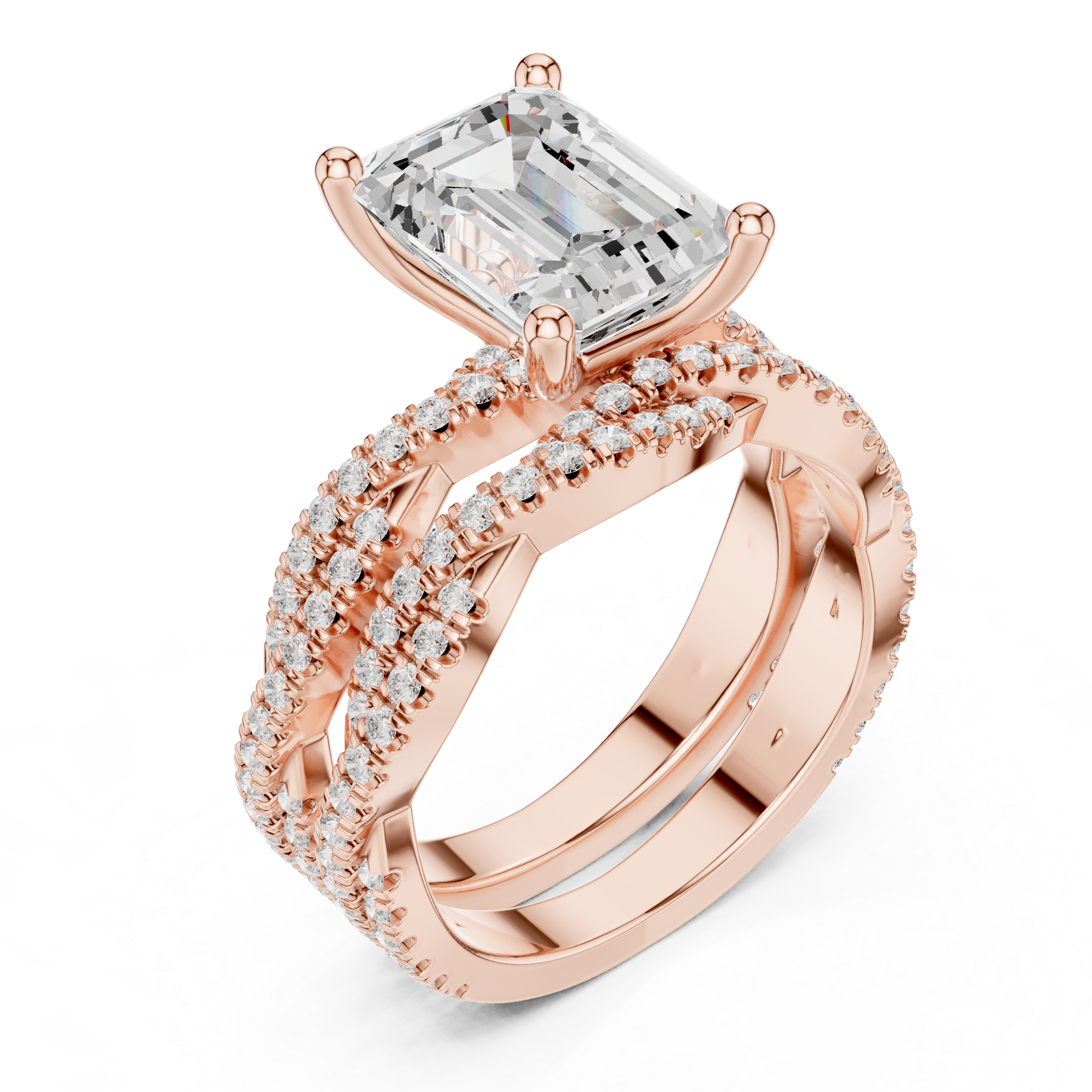 2.5 Carat Emerald-Cut Diamond Twisted Pavé Three-Piece Bridal Ring Set