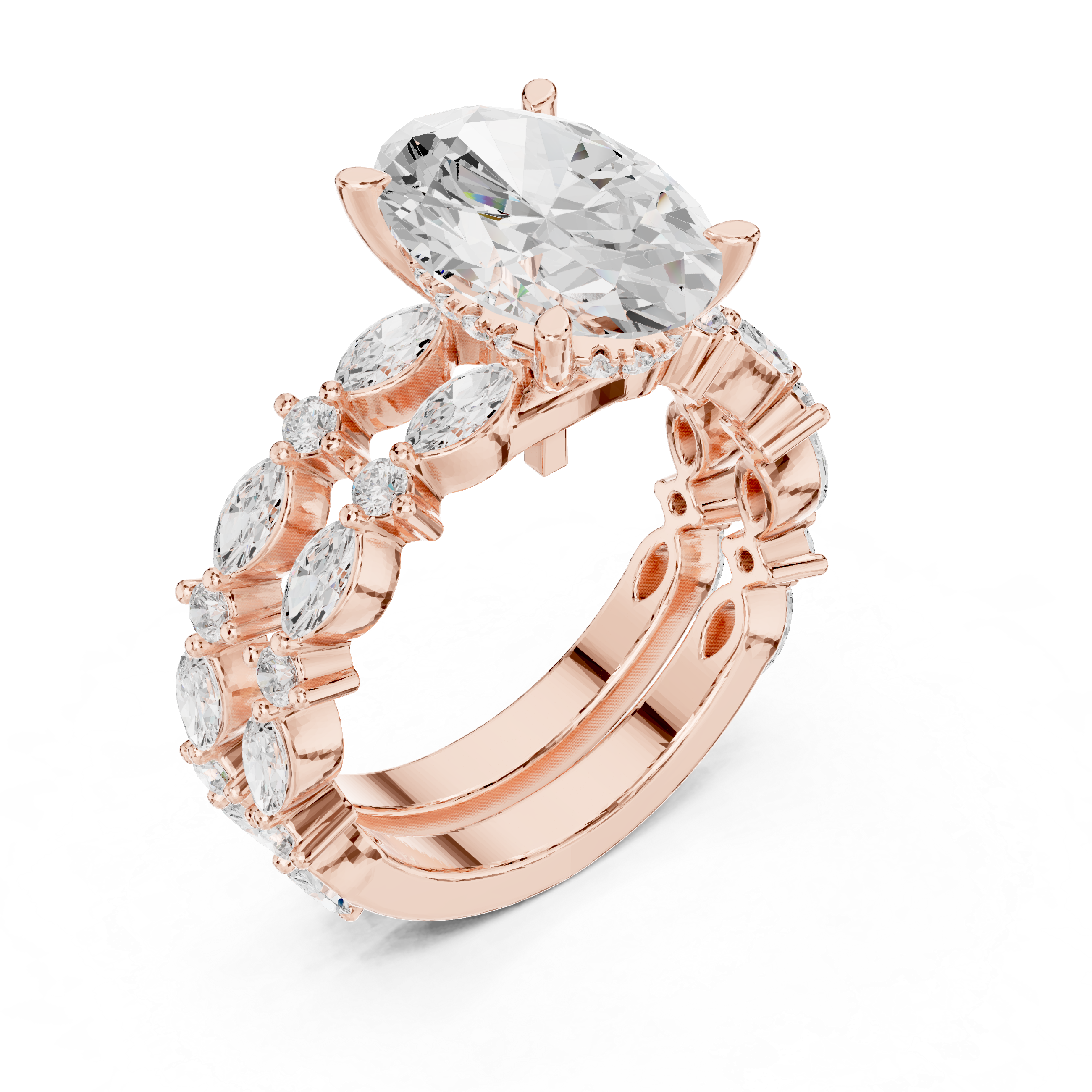 3 Carat Oval-Cut Diamond Marquise Accent Three-Piece Bridal Ring Set