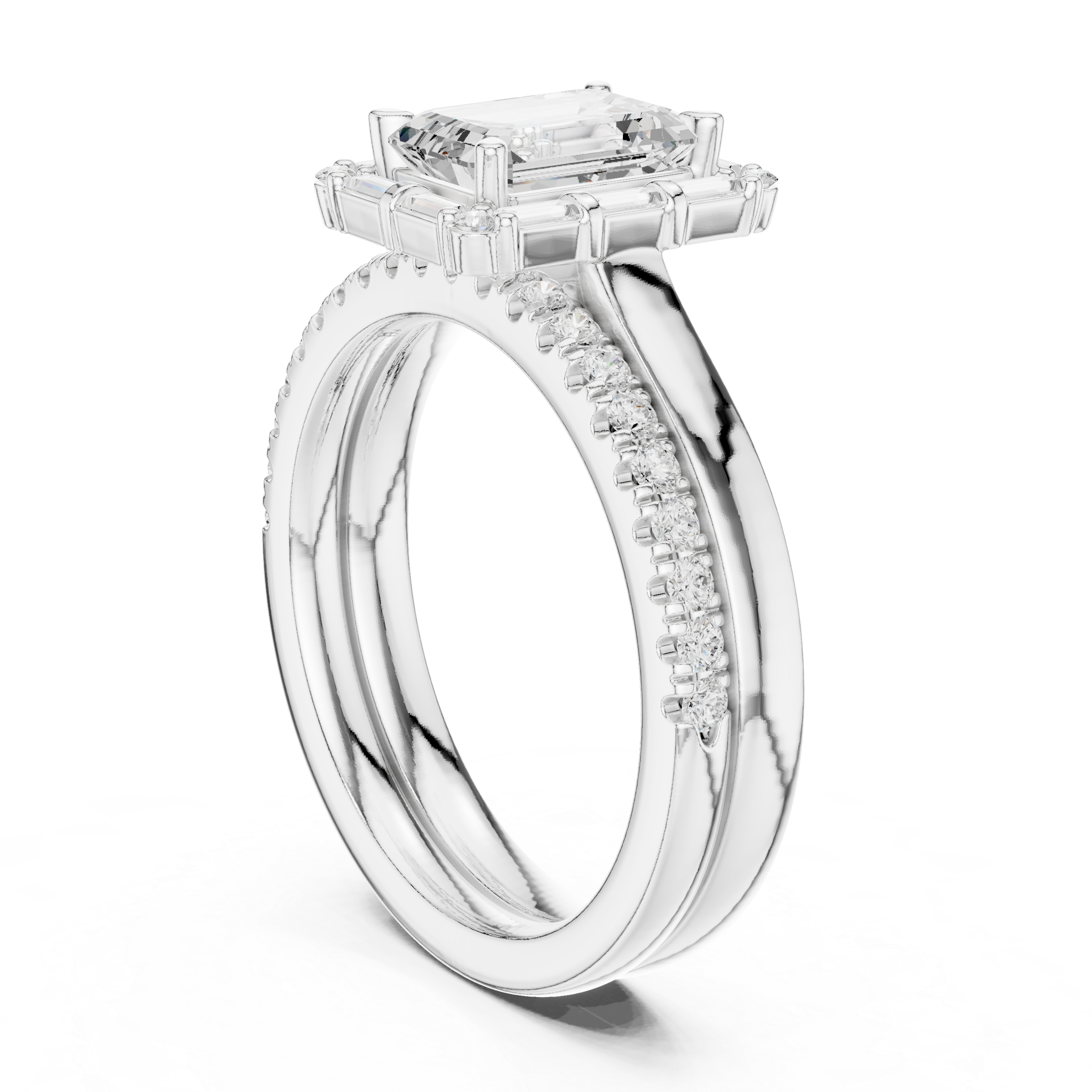 Emerald-Cut Diamond Baguette Halo Bridal Ring Set