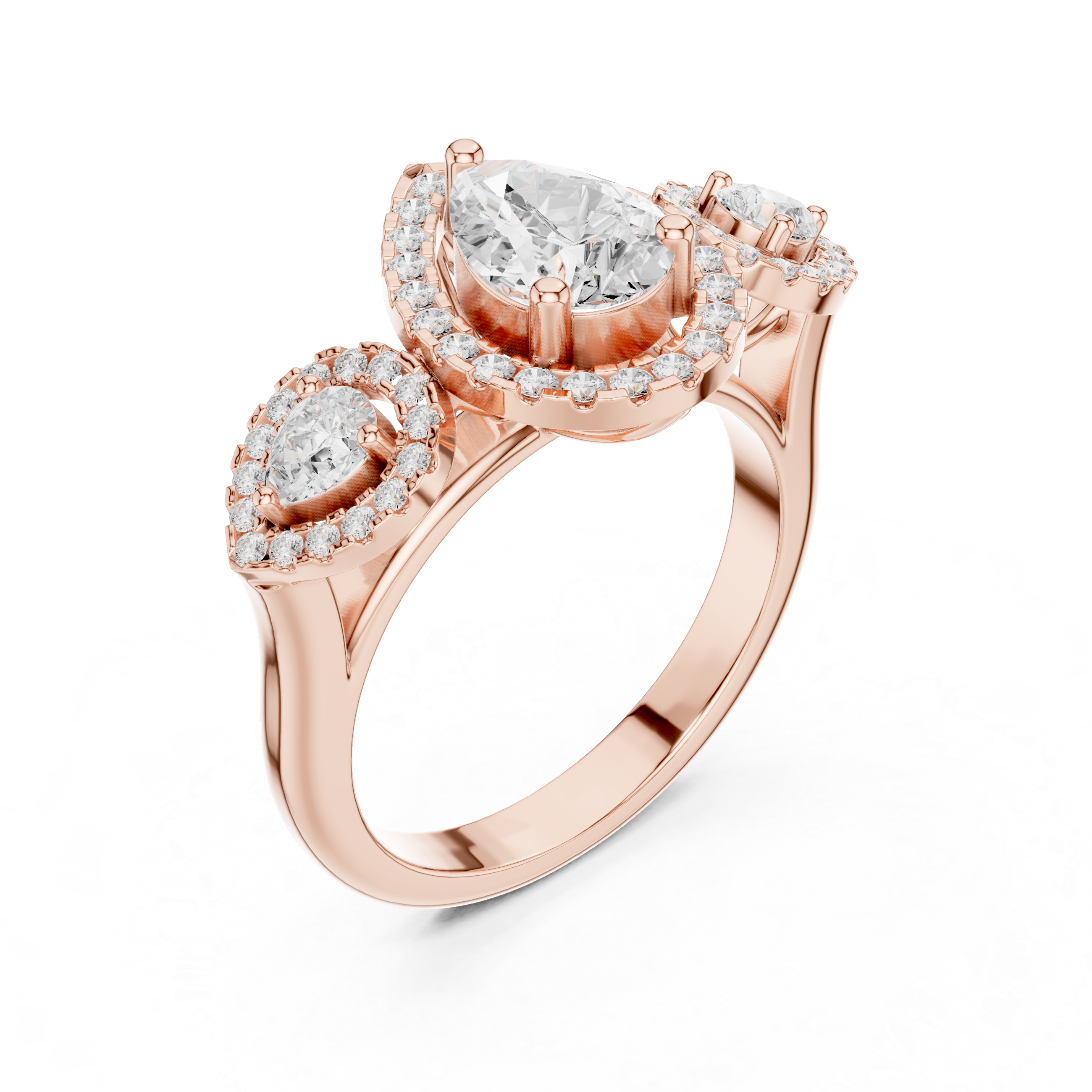 Pear Halo Three-Stone Diamond Ring