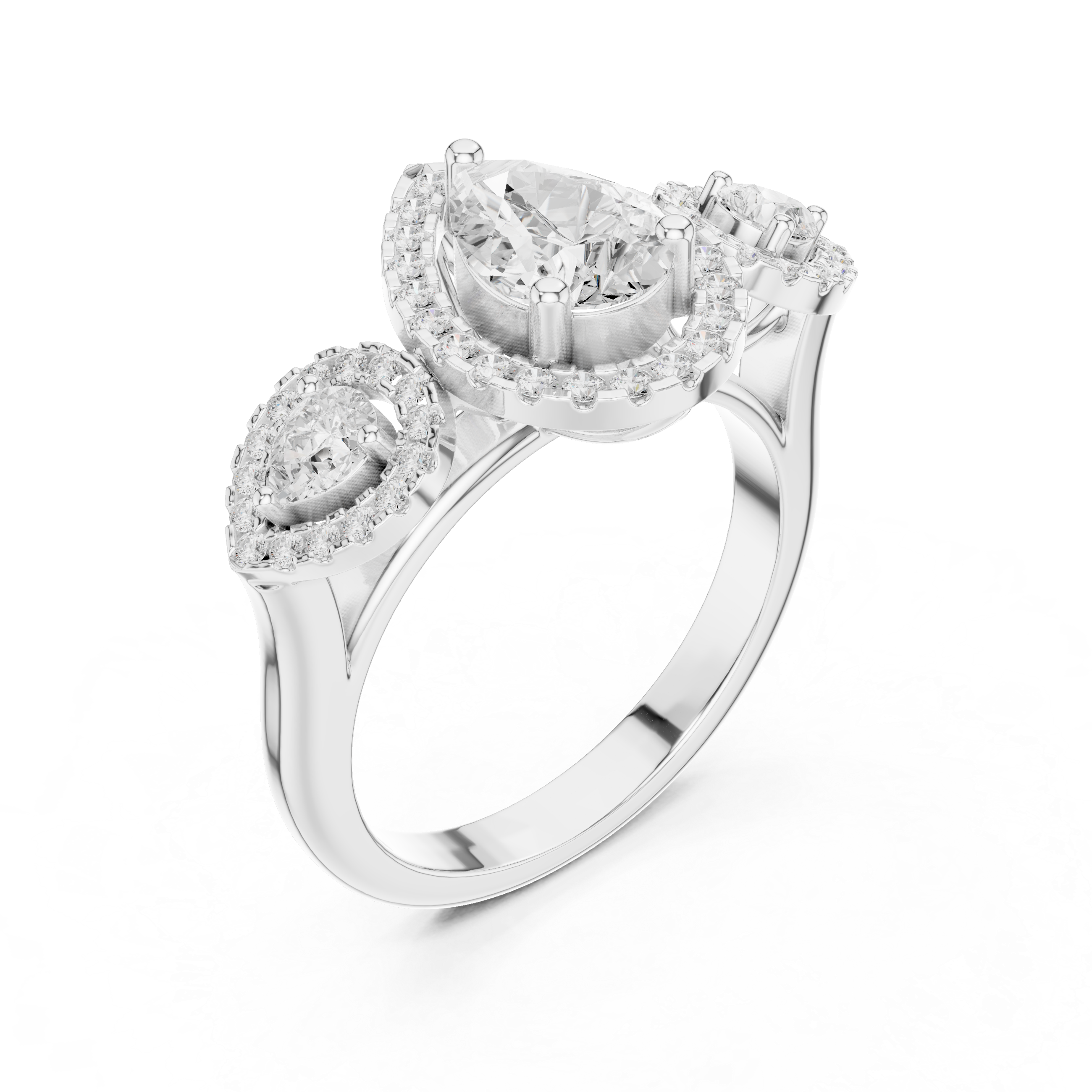 Pear Halo Three-Stone Diamond Ring