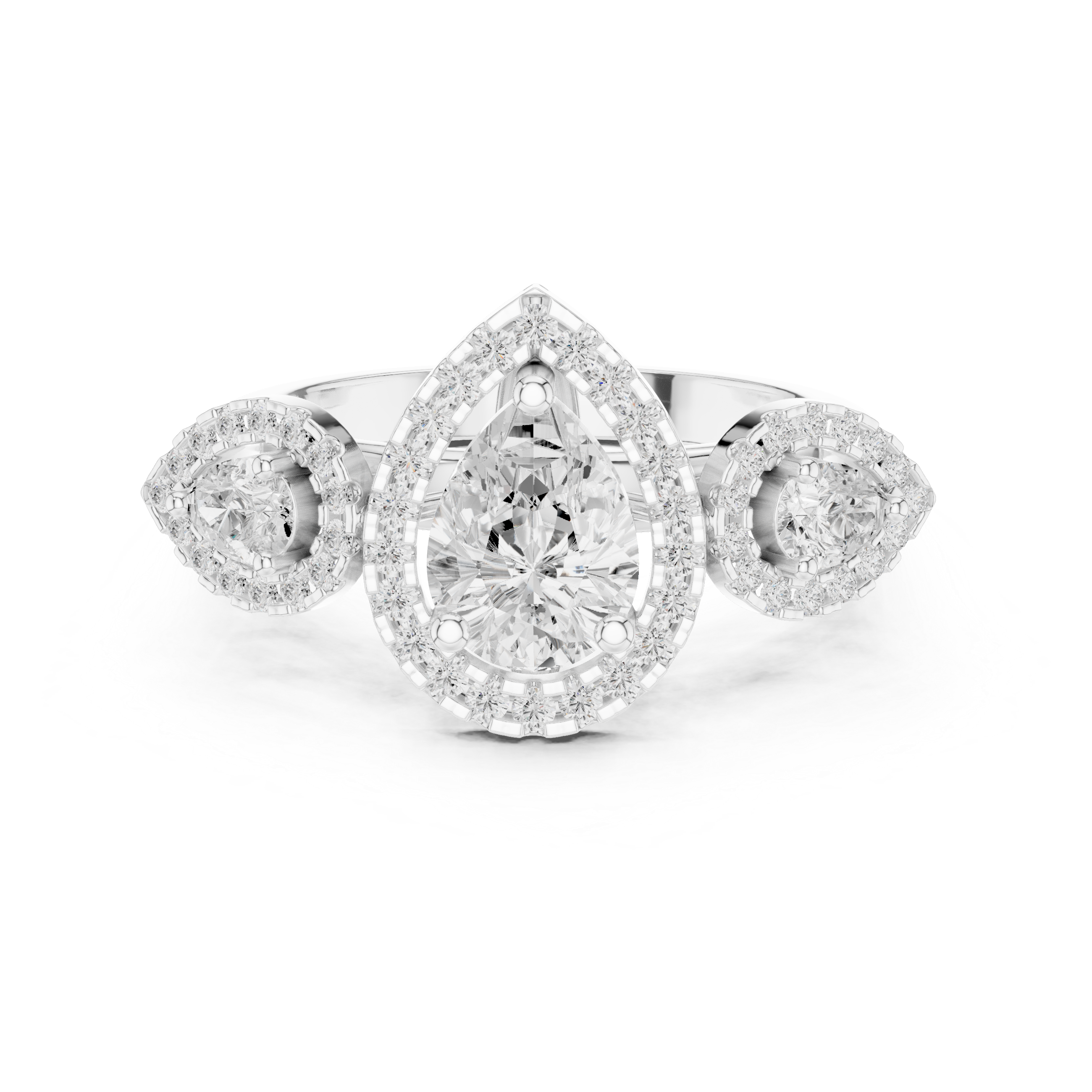 Pear Halo Three-Stone Diamond Ring