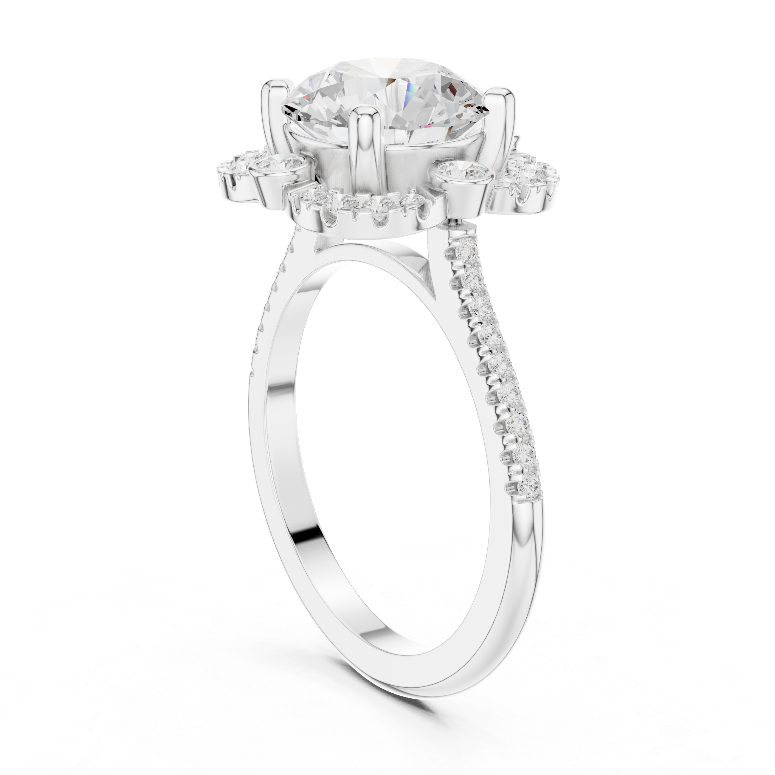 Floral Round Halo Engagement Ring