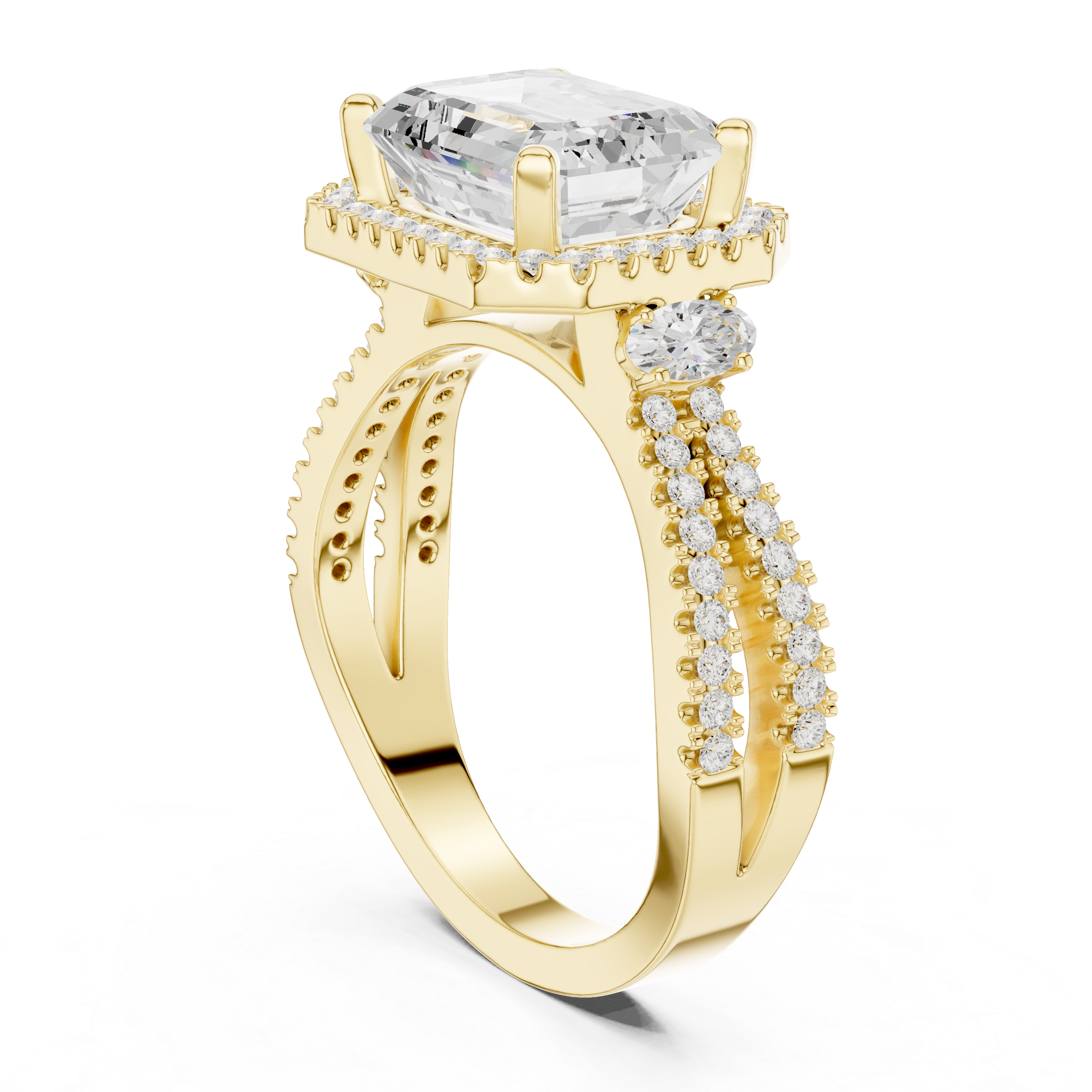 Emerald Cut Split Shank Halo Ring
