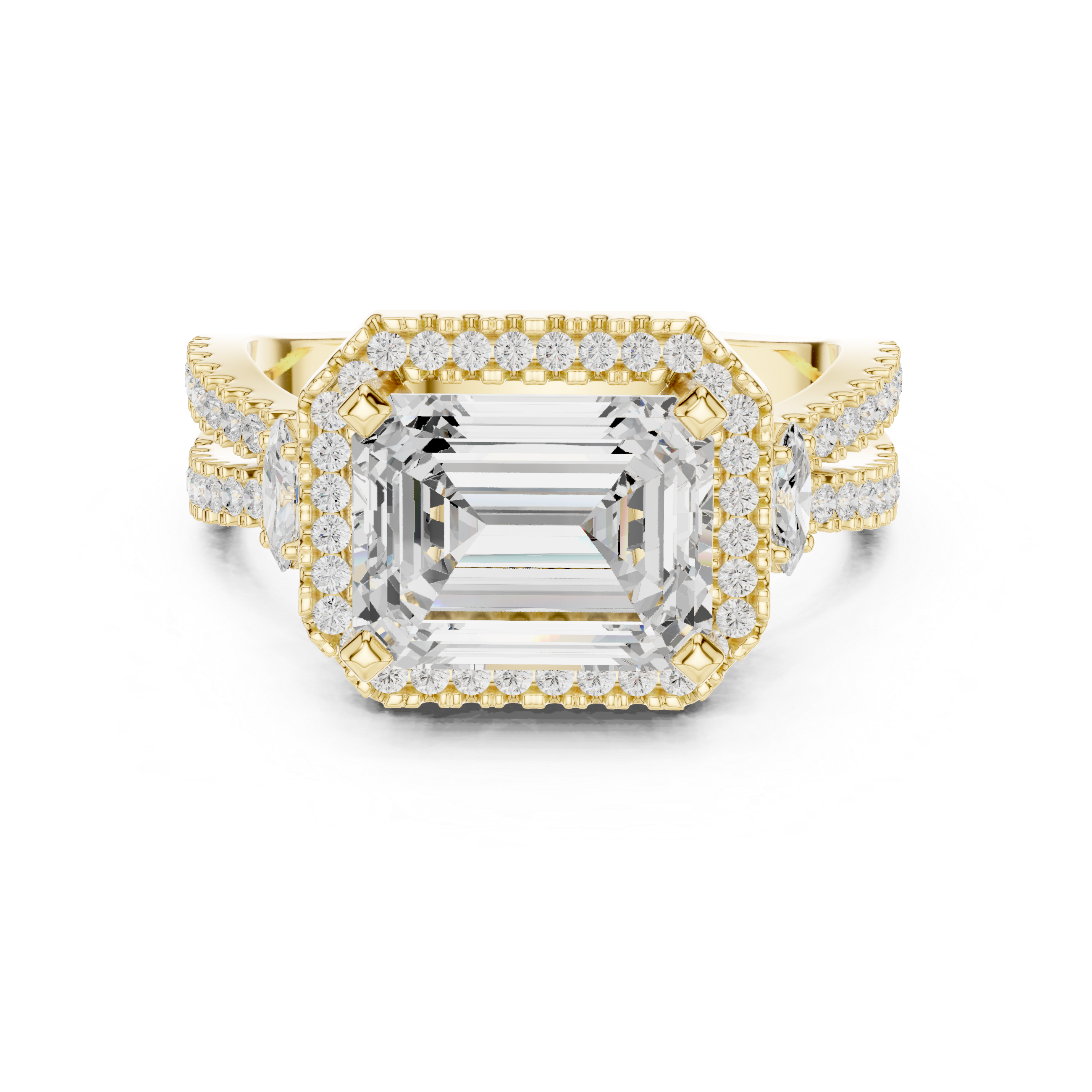 Emerald Cut Split Shank Halo Ring