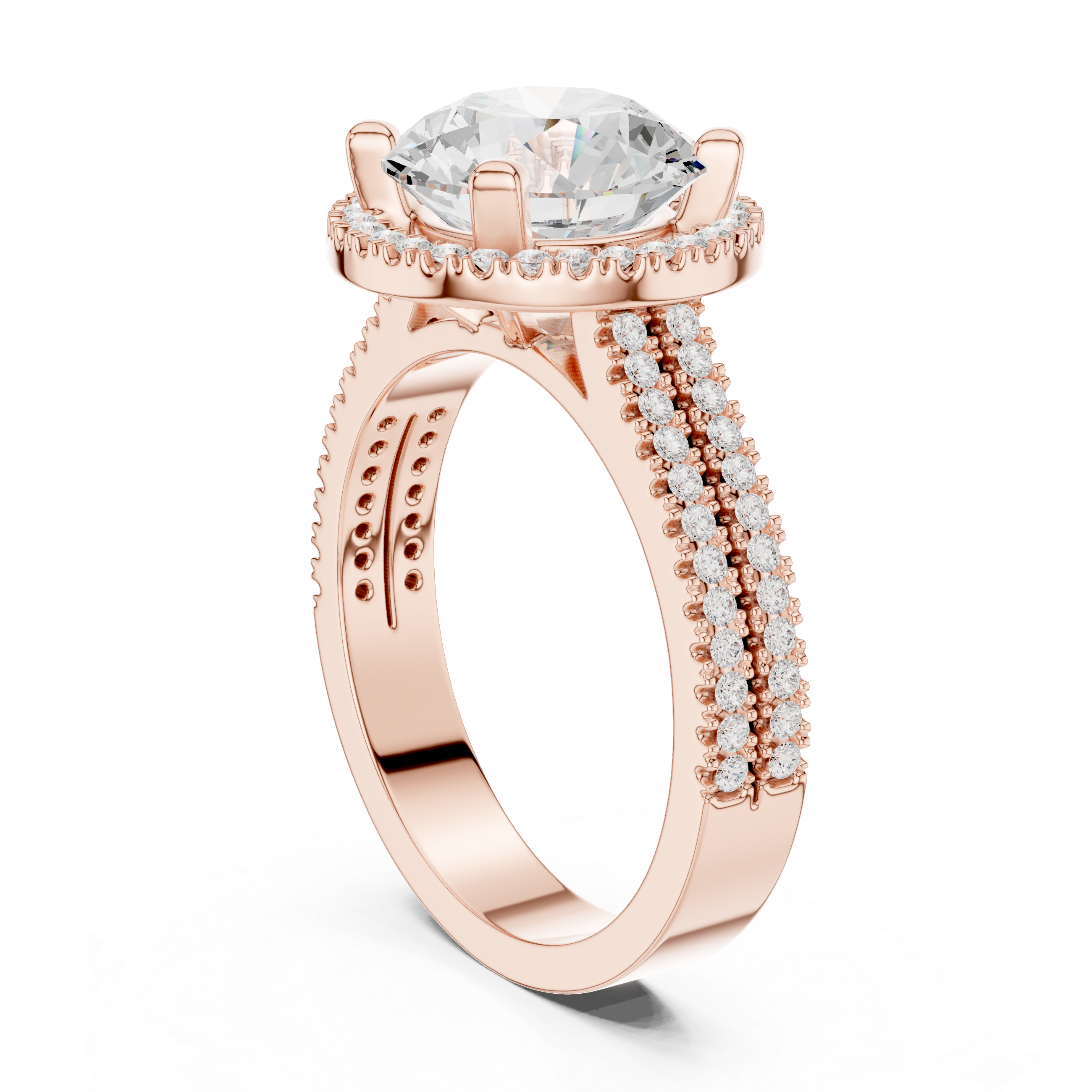 Round Cut Triple Band Halo Ring