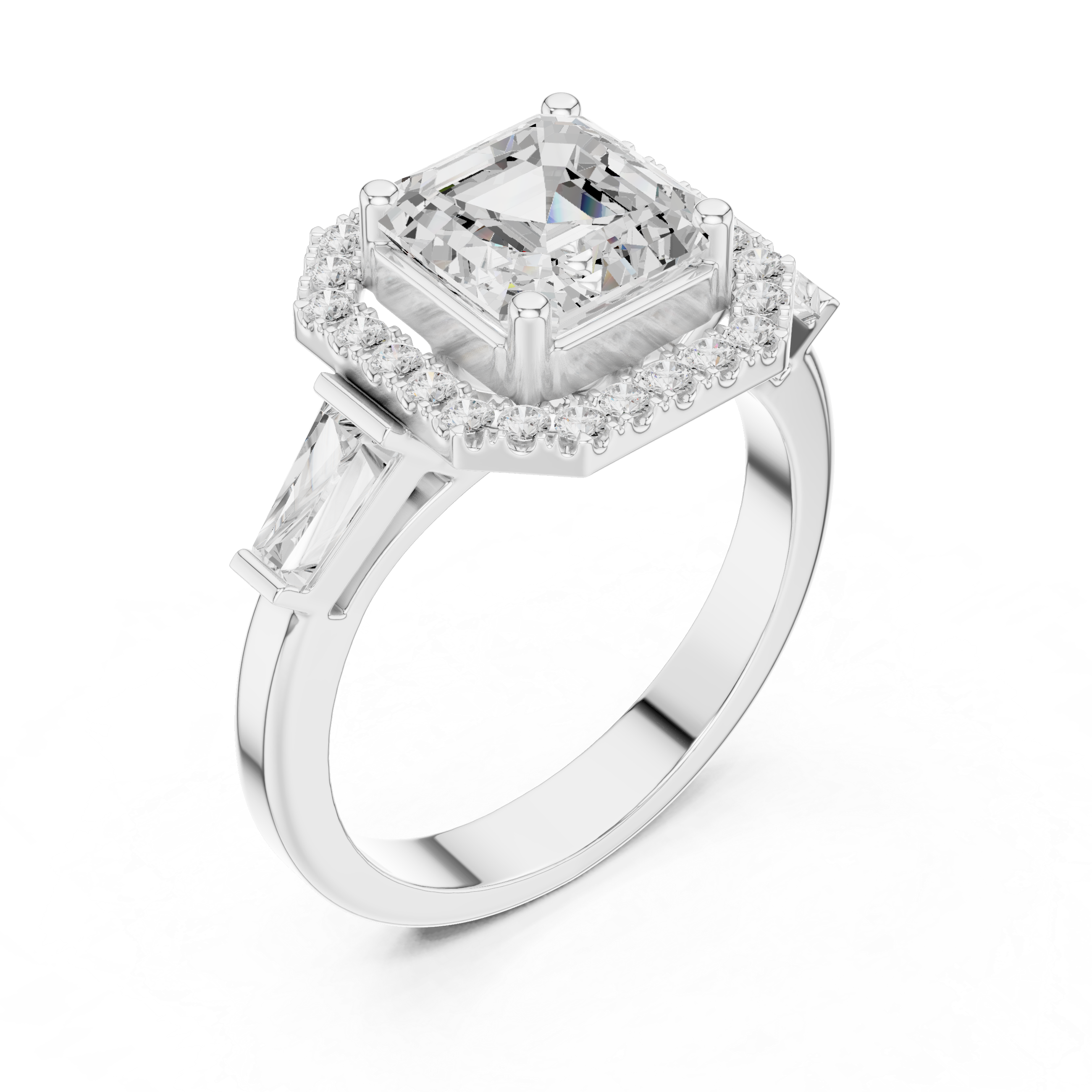 Asscher Halo Three Stone Ring
