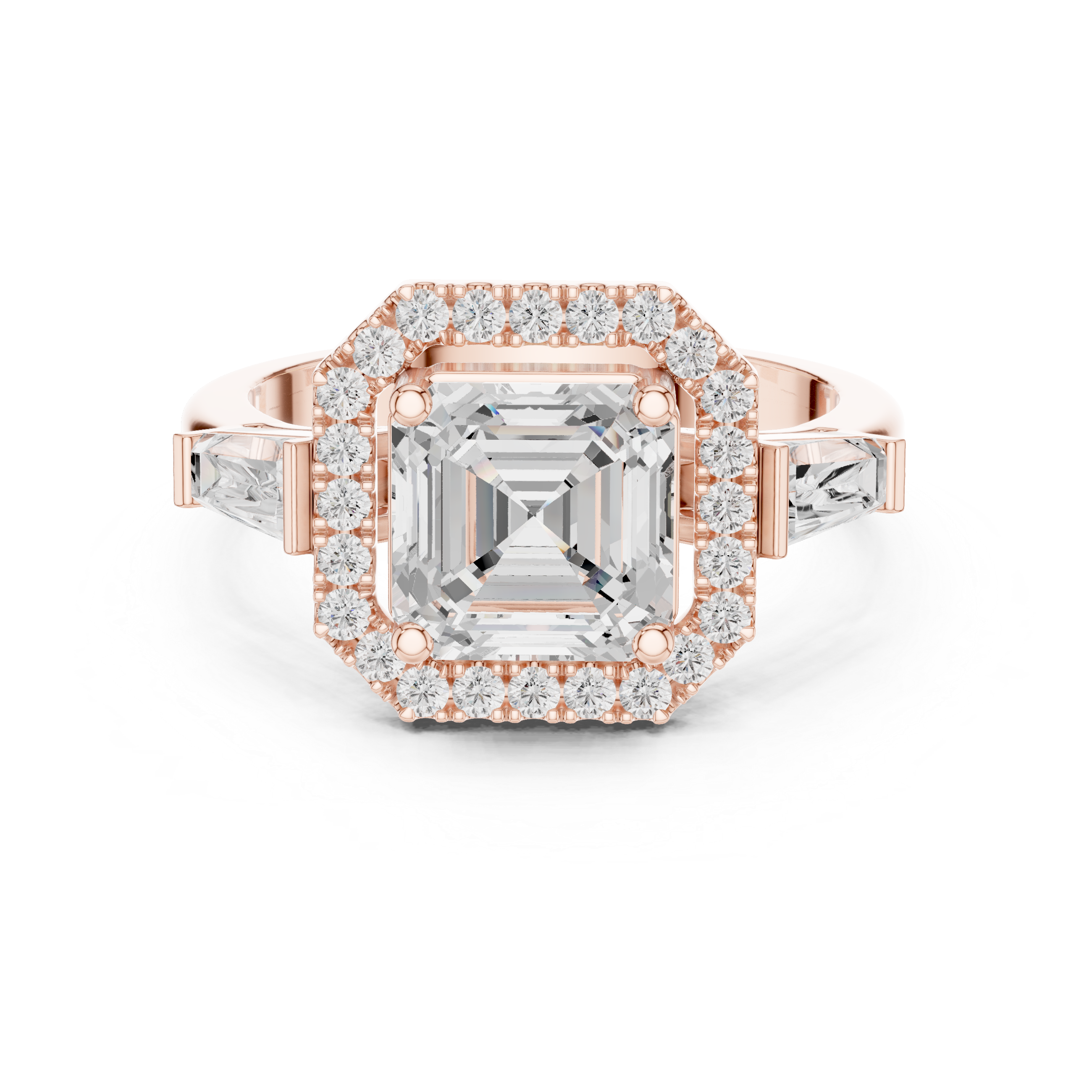 Asscher Halo Three Stone Ring