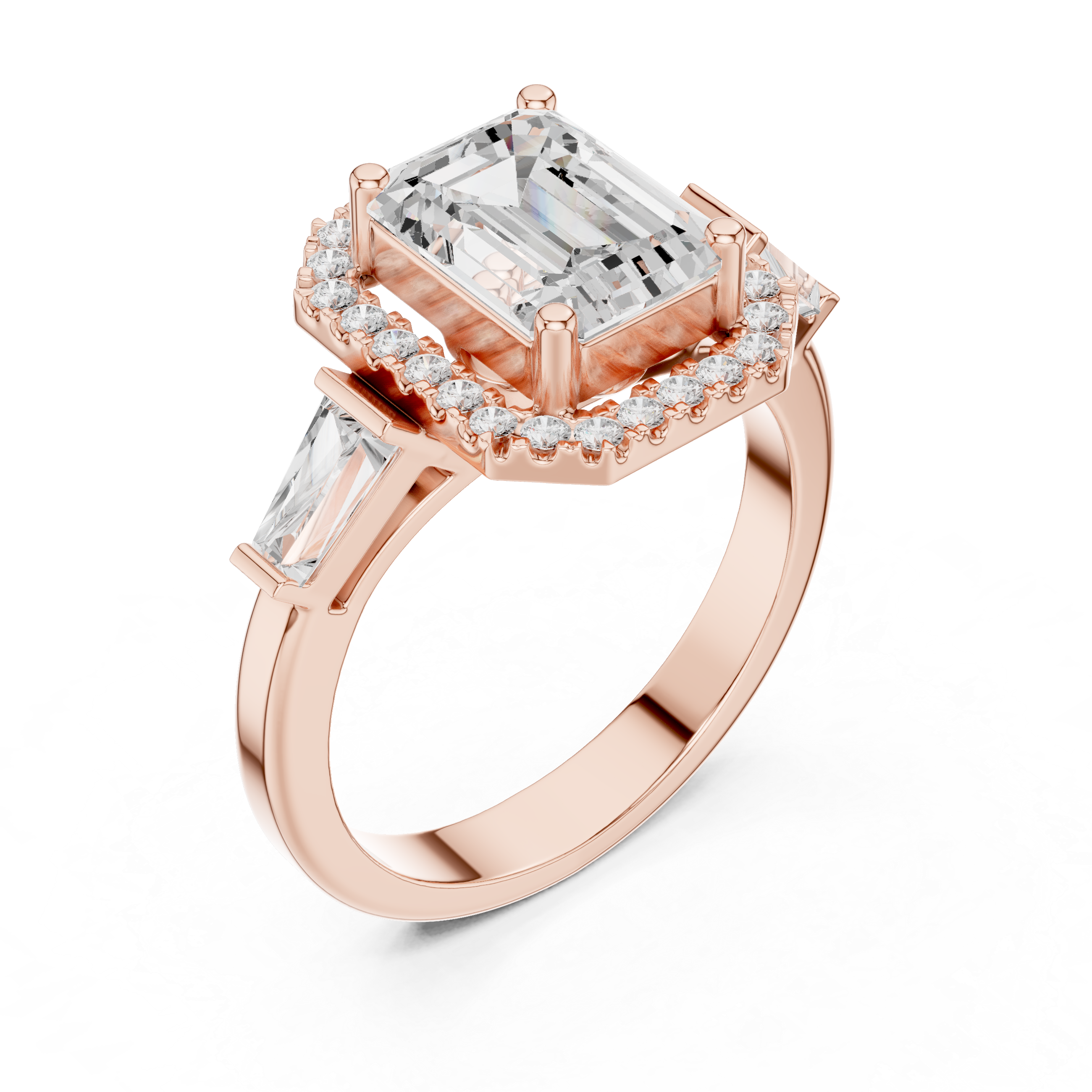 Emerald Halo Three Stone Ring