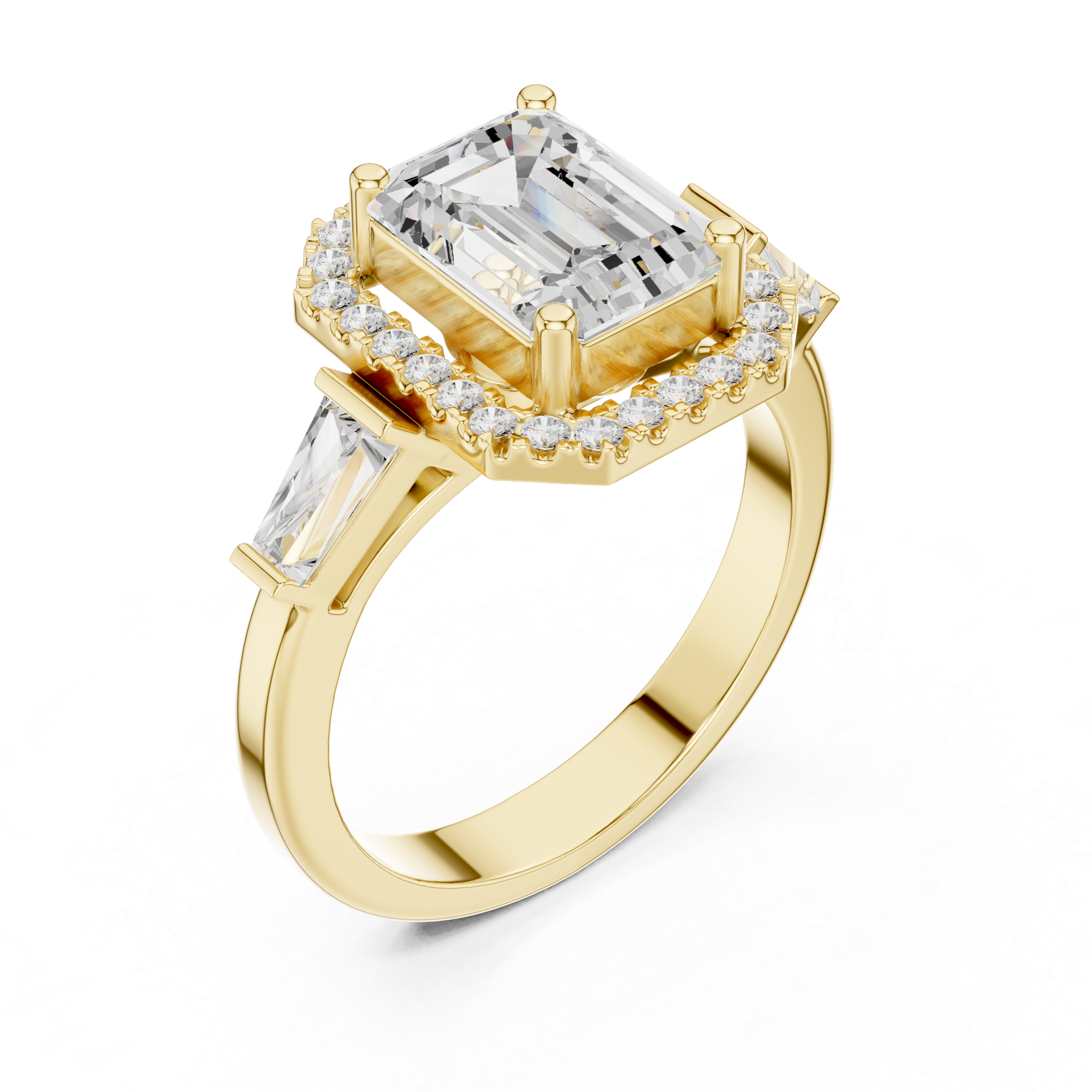 Emerald Halo Three Stone Ring