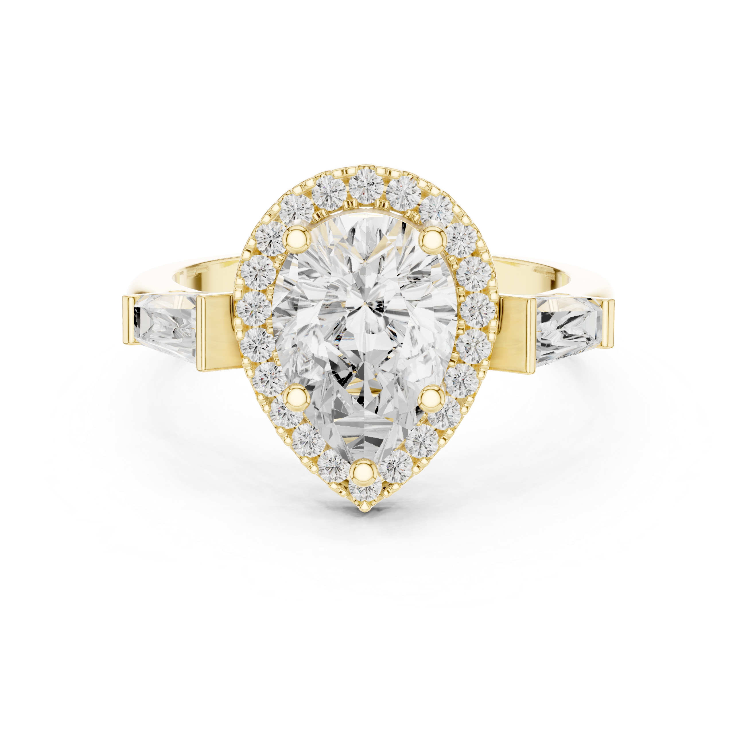 Pear Halo Three Stone Ring