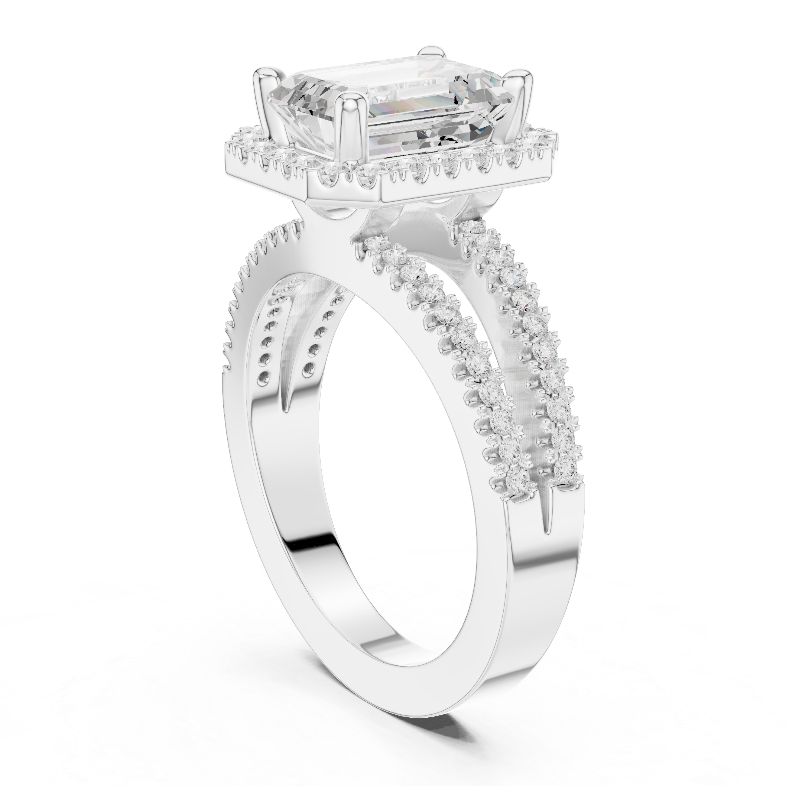 Emerald-Cut Split-Shank Halo Engagement Ring