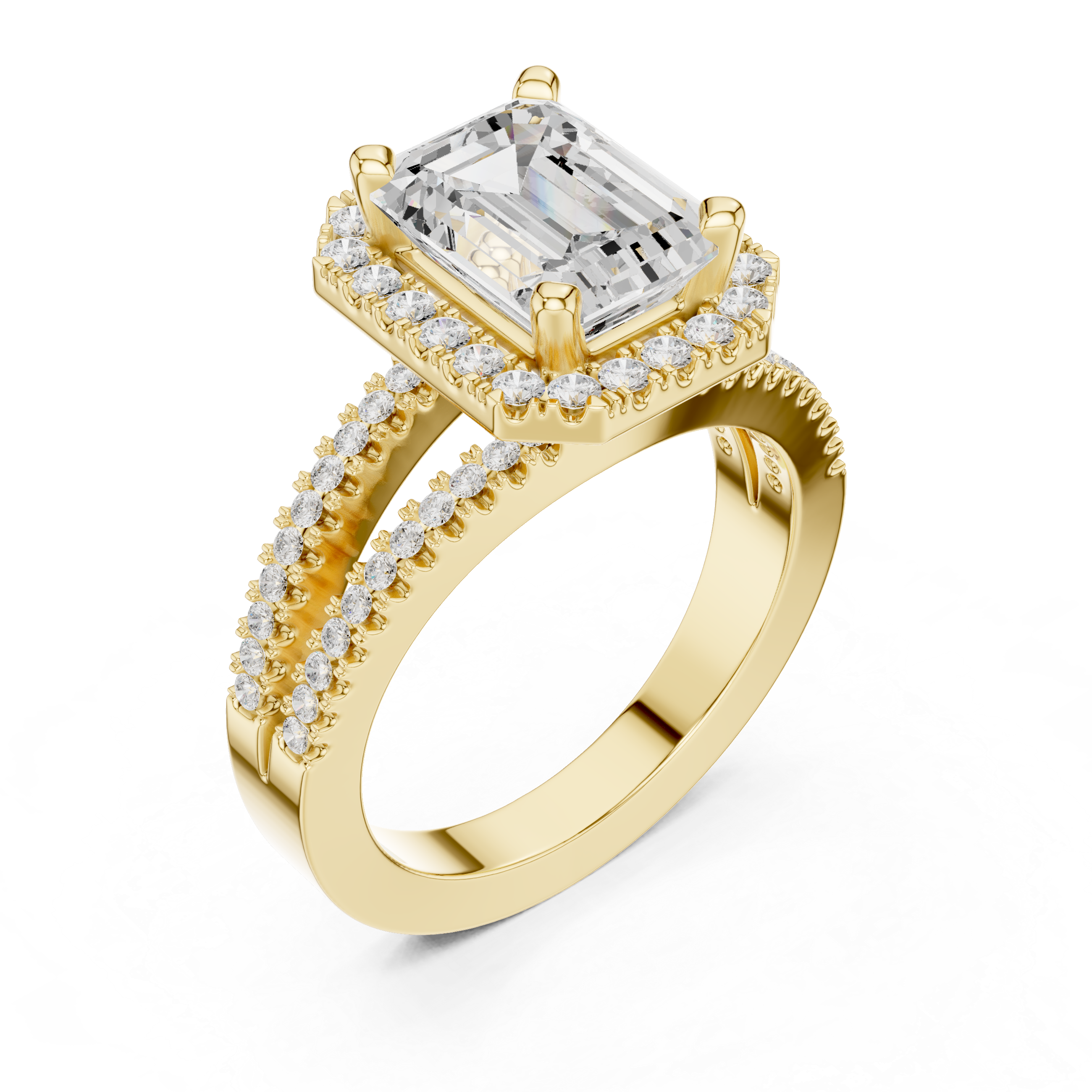 Emerald-Cut Split-Shank Halo Engagement Ring