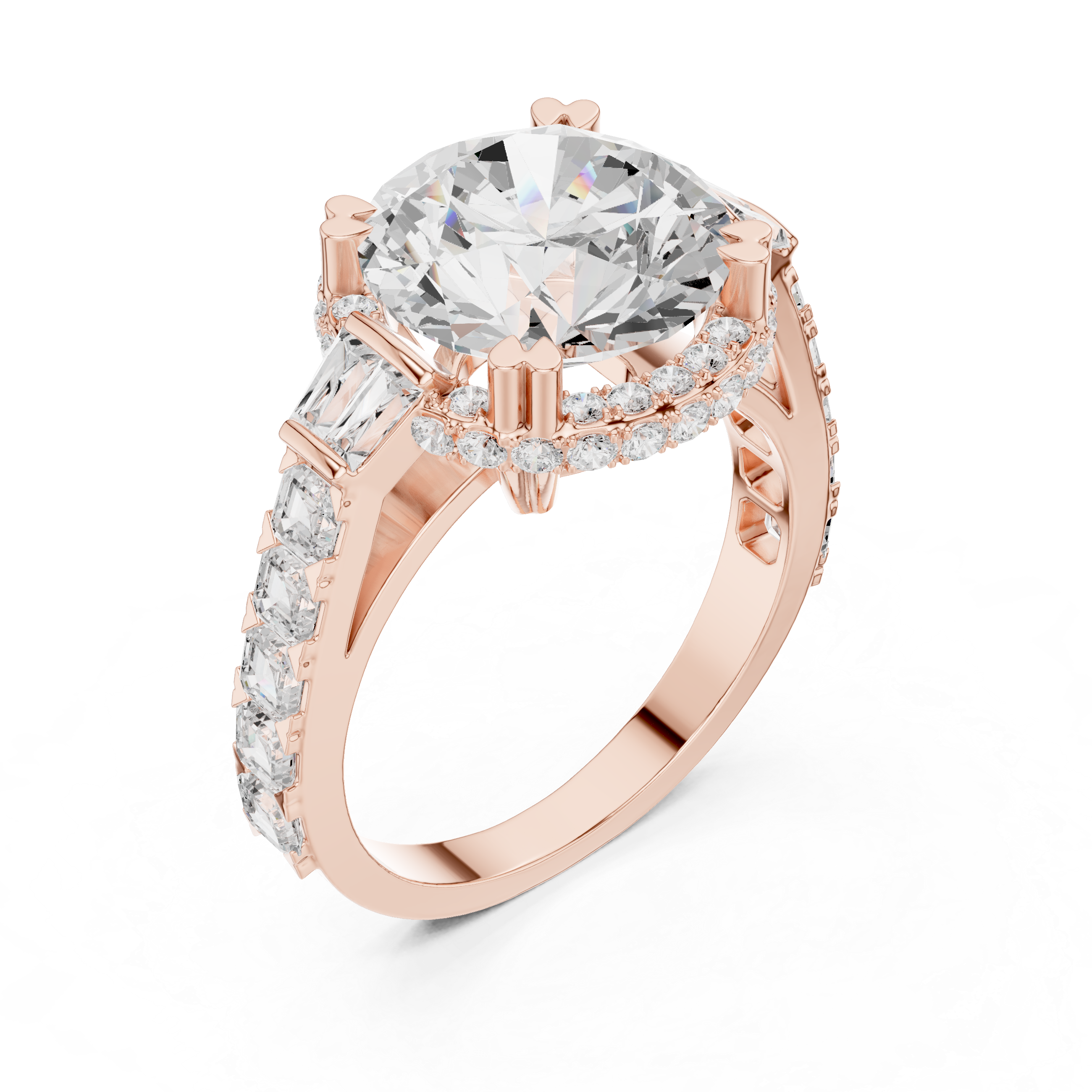 Round Diamond Halo Engagement Ring with Geometric Shoulders