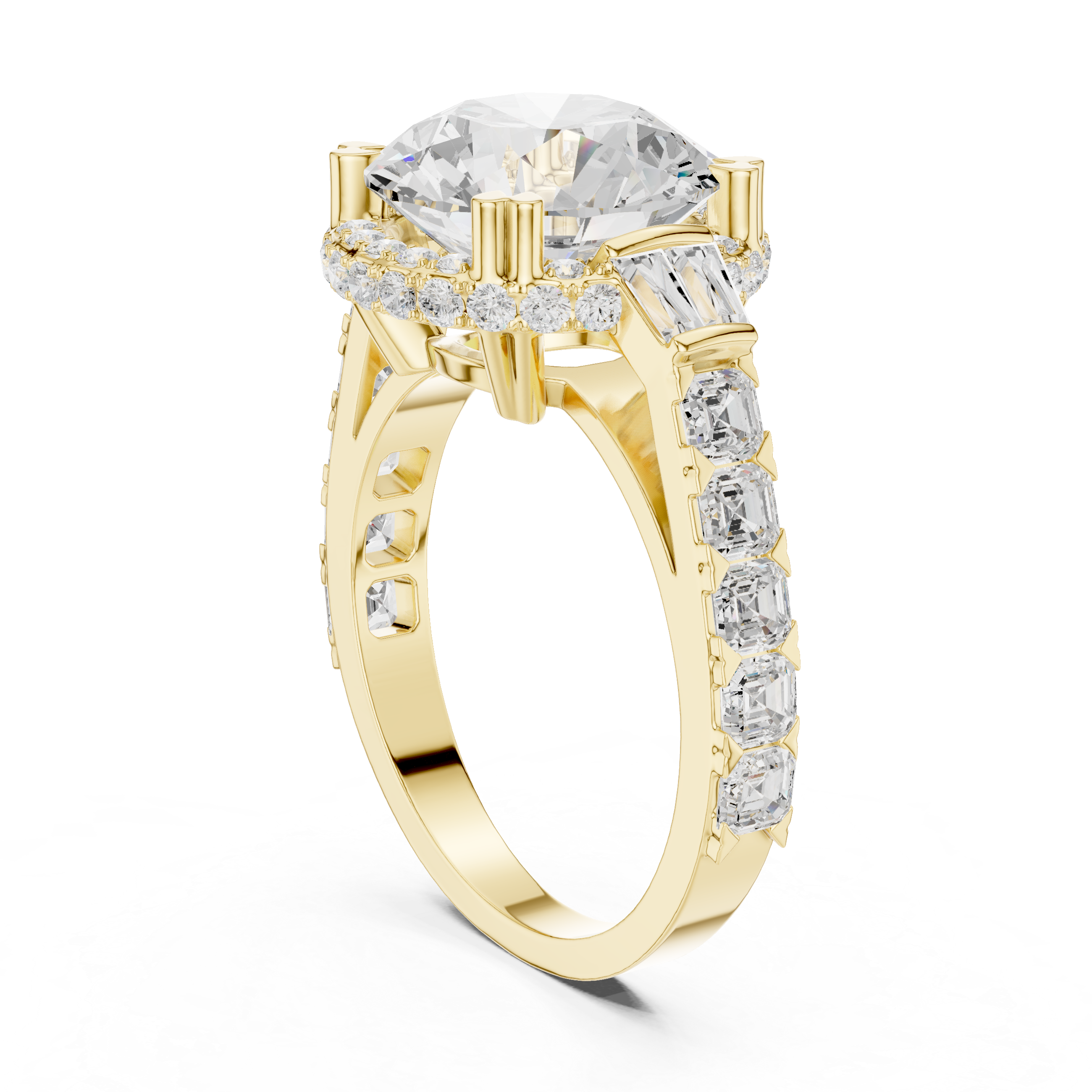 Round Diamond Halo Engagement Ring with Geometric Shoulders