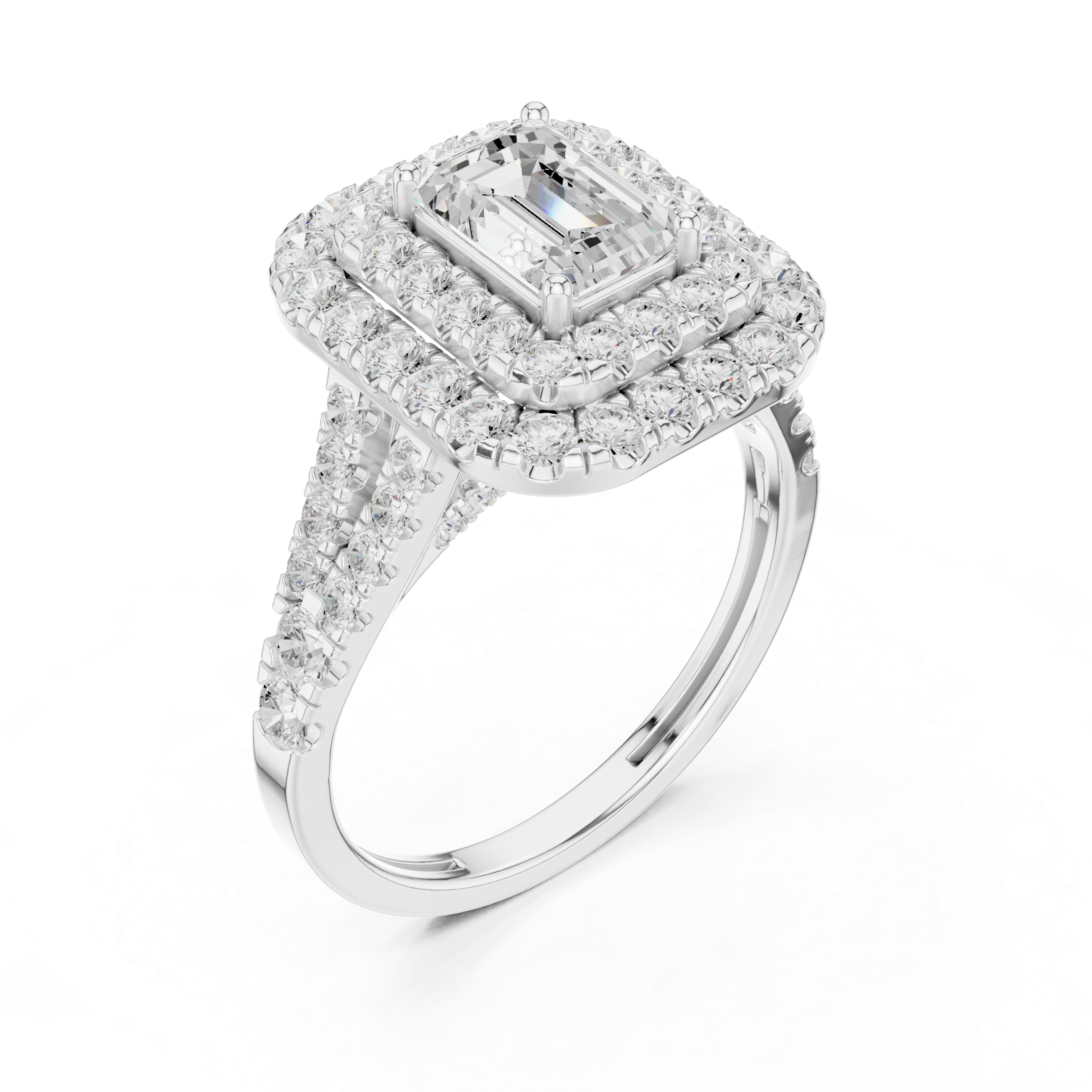 Emerald Cut Double Halo Diamond Engagement Ring