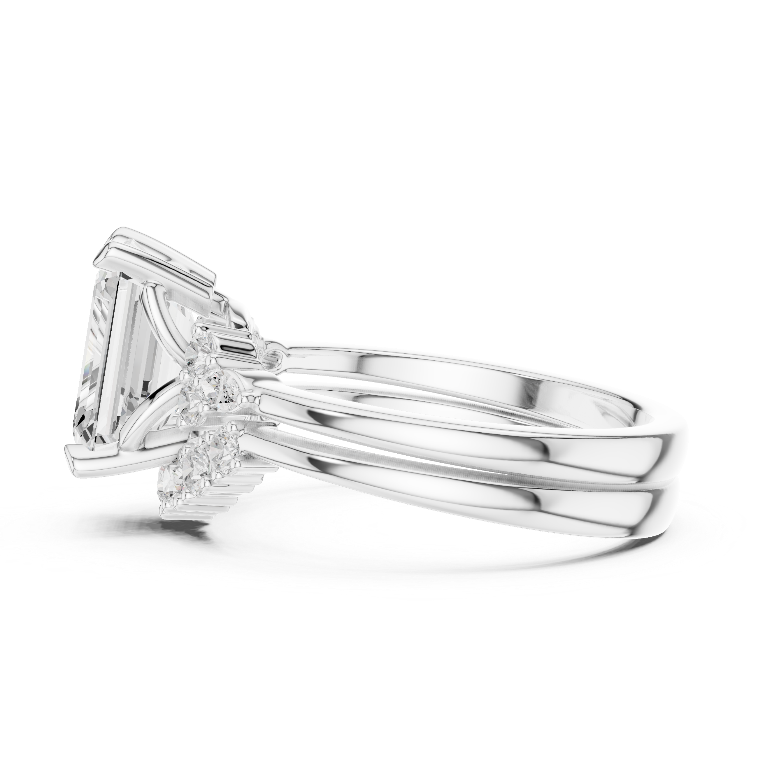Vintage Inspired Emerald Cut Halo Engagement Ring Set with Marquise and Round Accent Diamonds