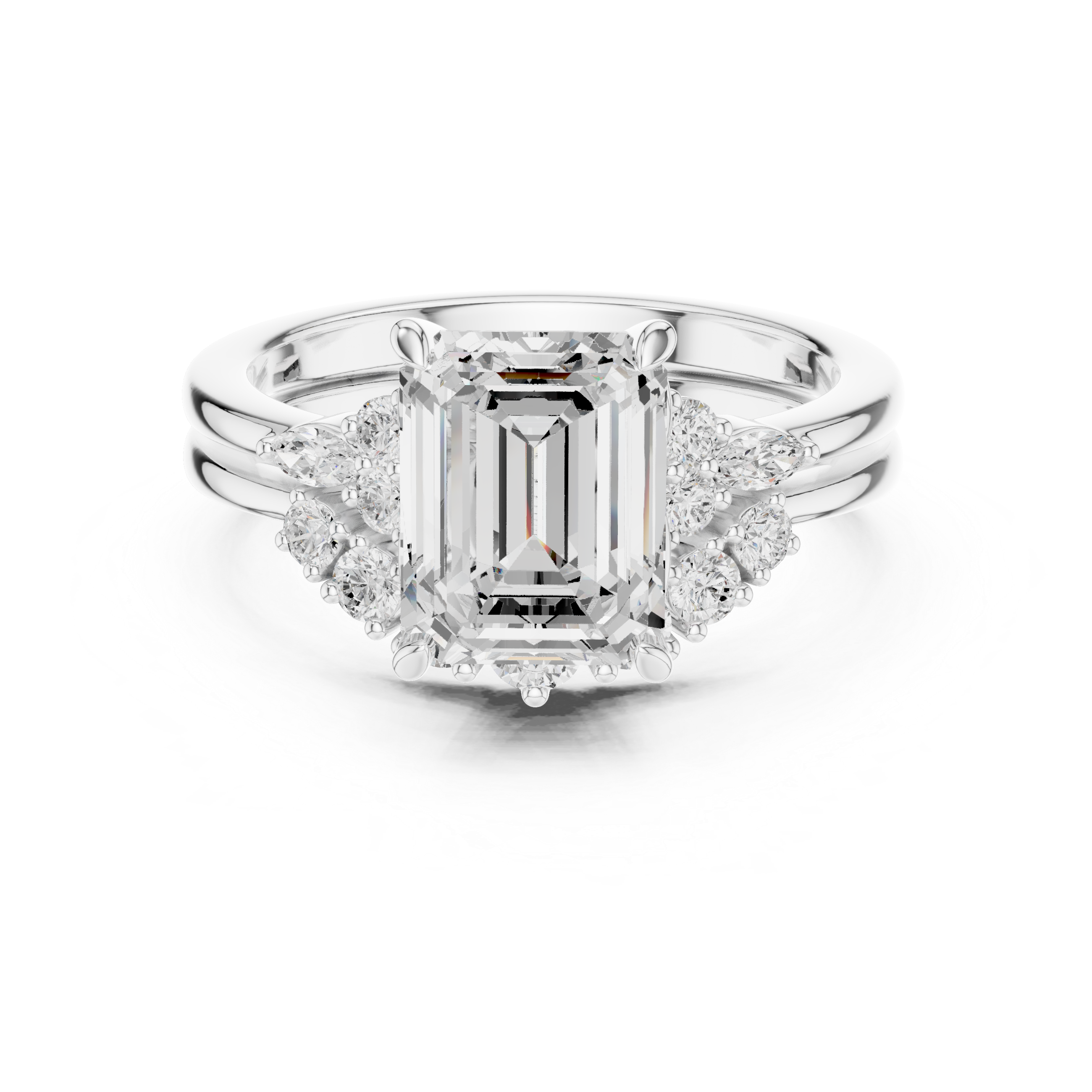 Vintage Inspired Emerald Cut Halo Engagement Ring Set with Marquise and Round Accent Diamonds