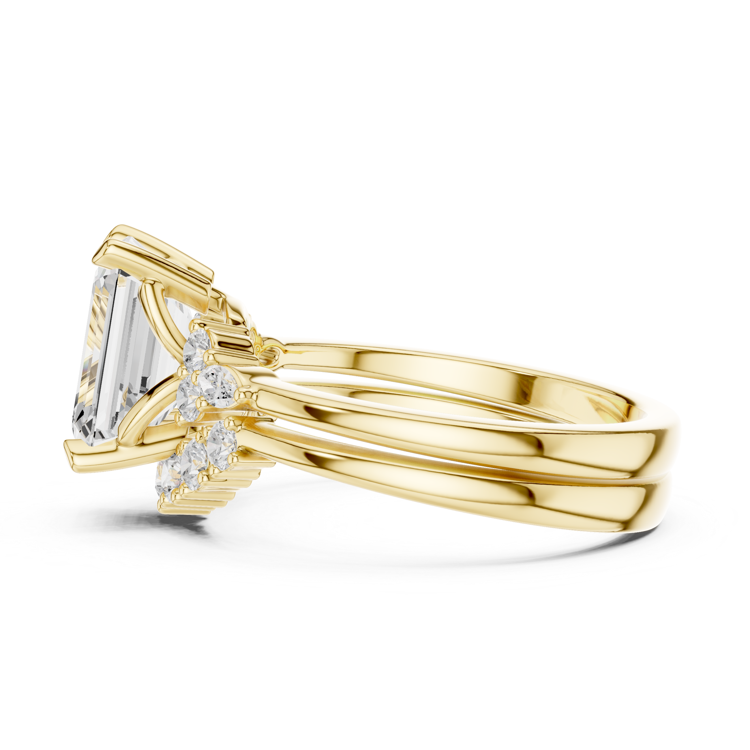 Vintage Inspired Emerald Cut Halo Engagement Ring Set with Marquise and Round Accent Diamonds