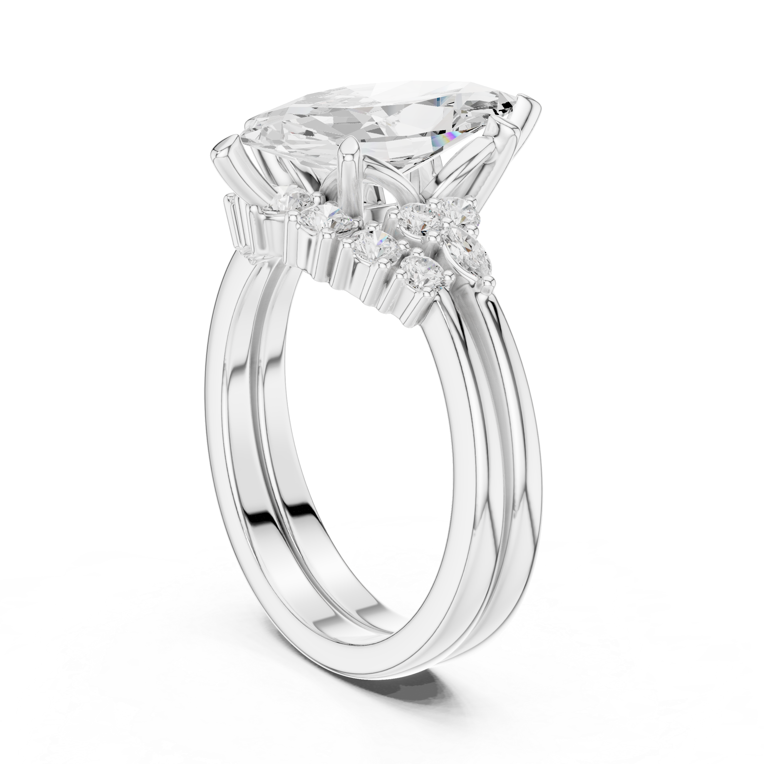 Vintage Inspired Marquise Cut Halo Engagement Ring Set with Double Band and Accent Diamonds