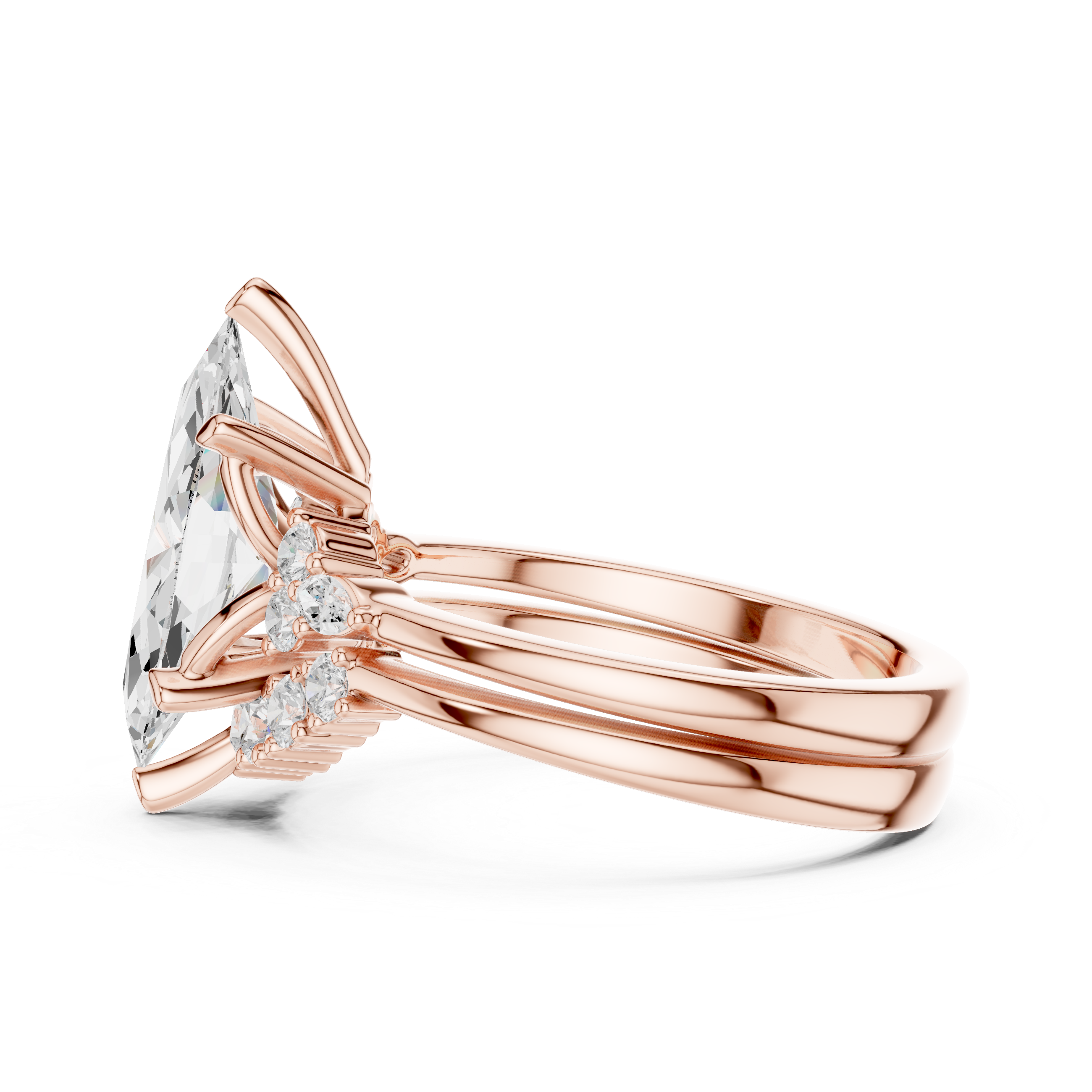 Vintage Inspired Marquise Cut Halo Engagement Ring Set with Double Band and Accent Diamonds