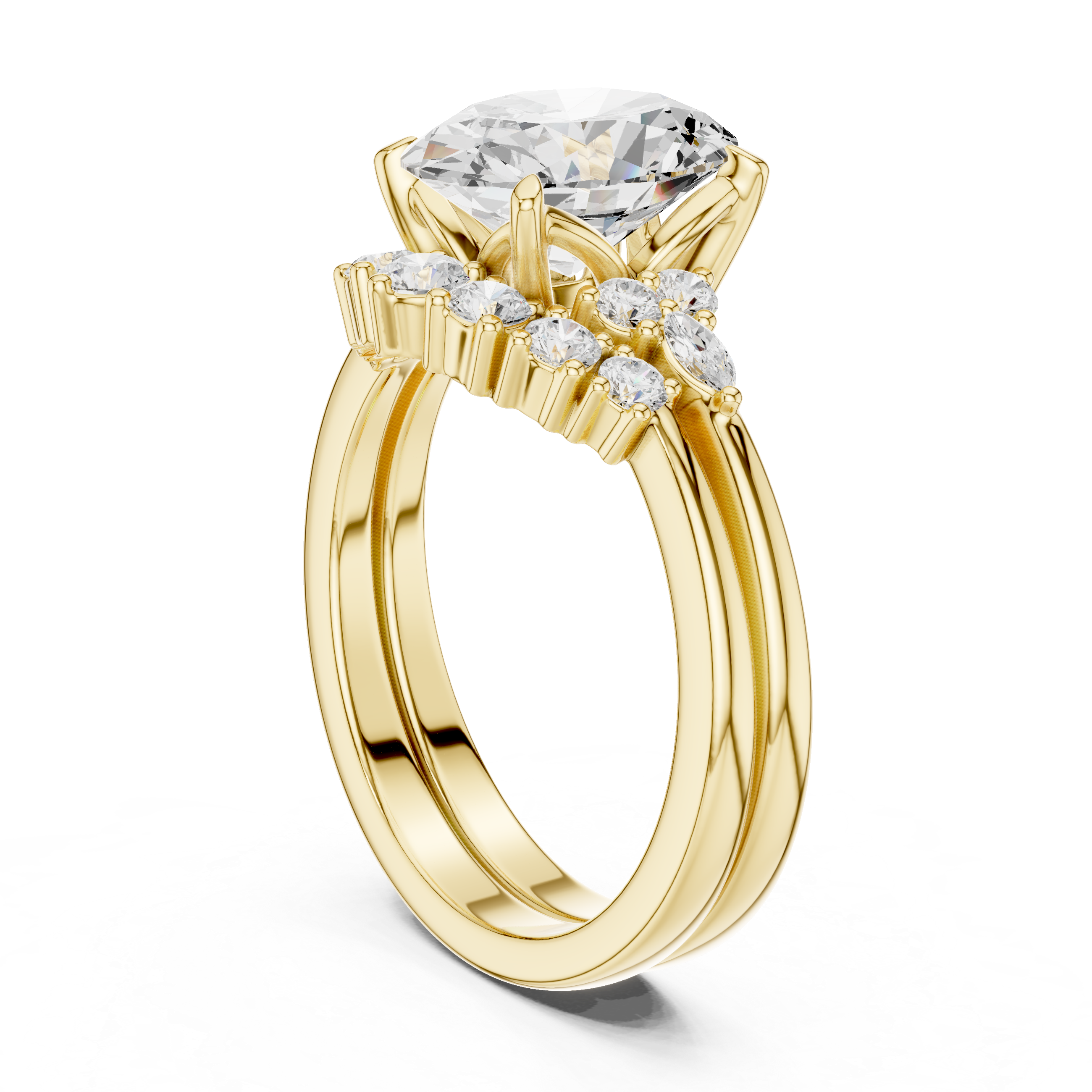Vintage Inspired Oval Cut Halo Engagement Ring Set with Marquise and Round Accent Diamonds