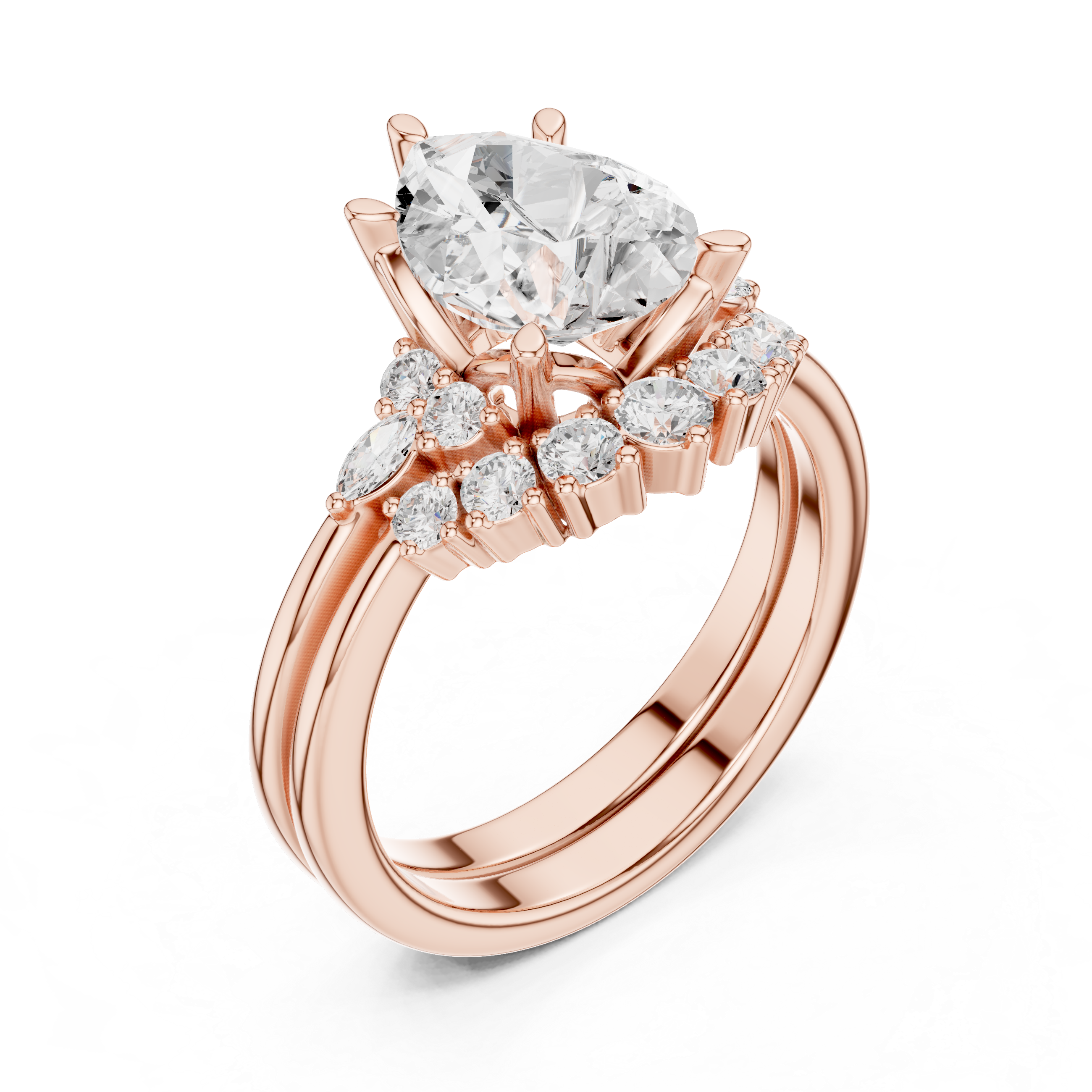 Vintage Inspired Pear Cut Halo Engagement Ring Set with Marquise and Round Accent Diamonds