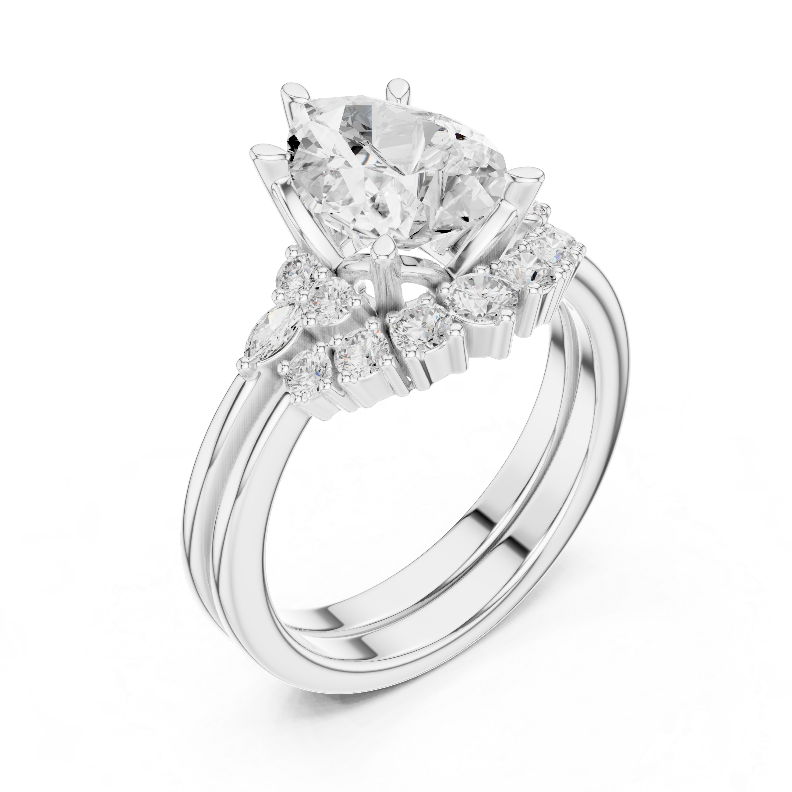 Vintage Inspired Pear Cut Halo Engagement Ring Set with Marquise and Round Accent Diamonds