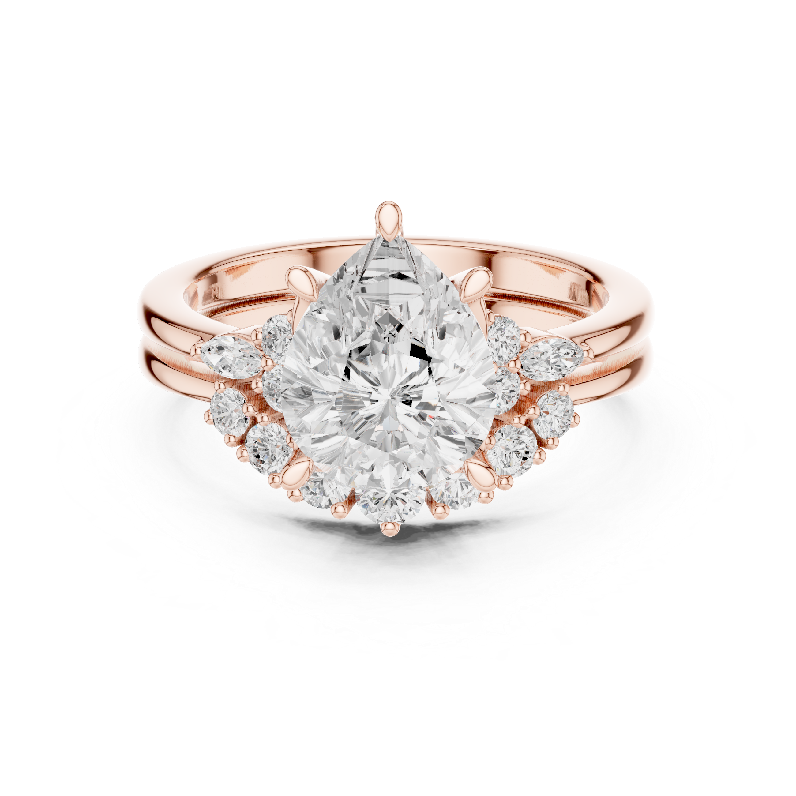Vintage Inspired Pear Cut Halo Engagement Ring Set with Marquise and Round Accent Diamonds
