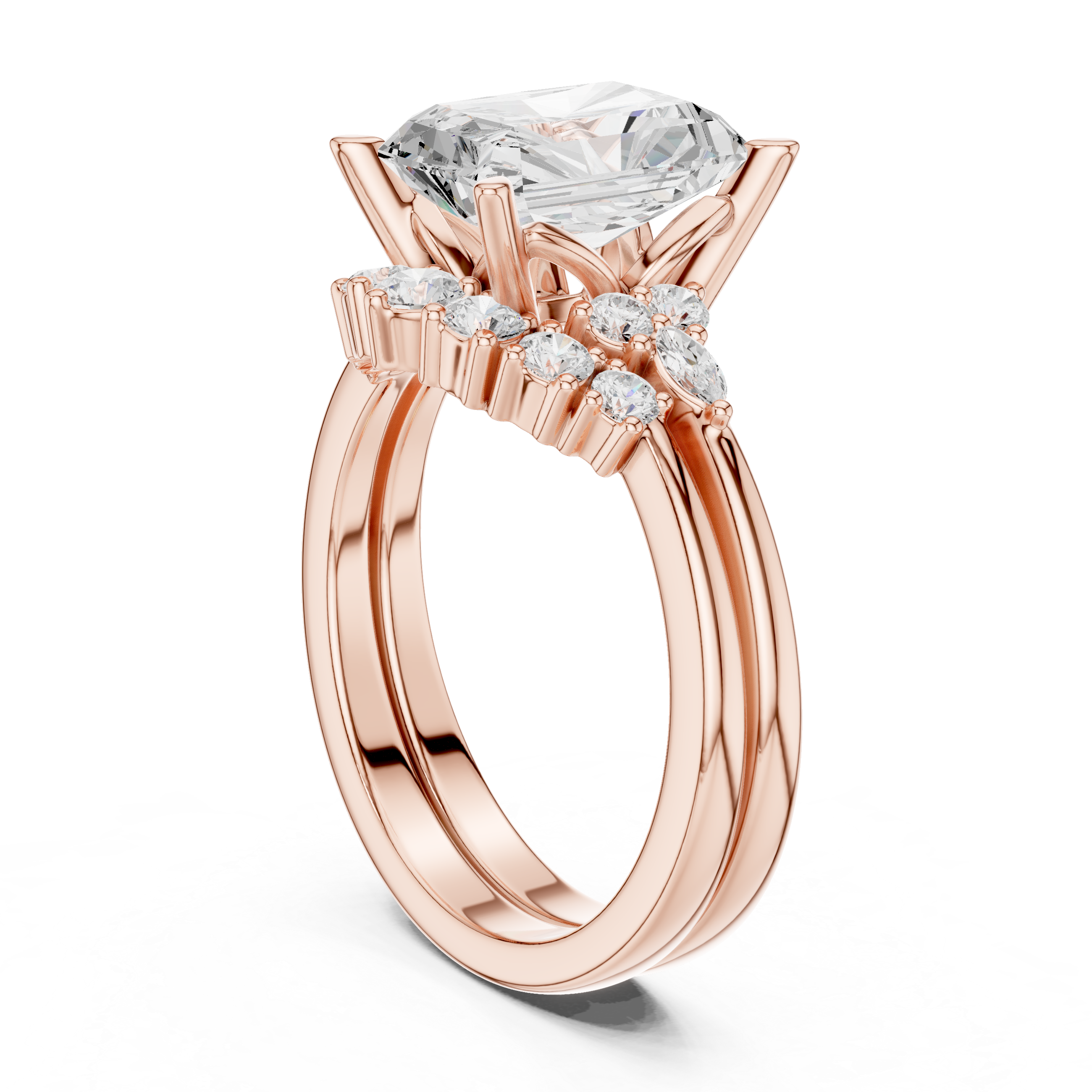 Vintage Inspired Radiant Cut Halo Engagement Ring Set with Double Band and Diamond Cluster Accents