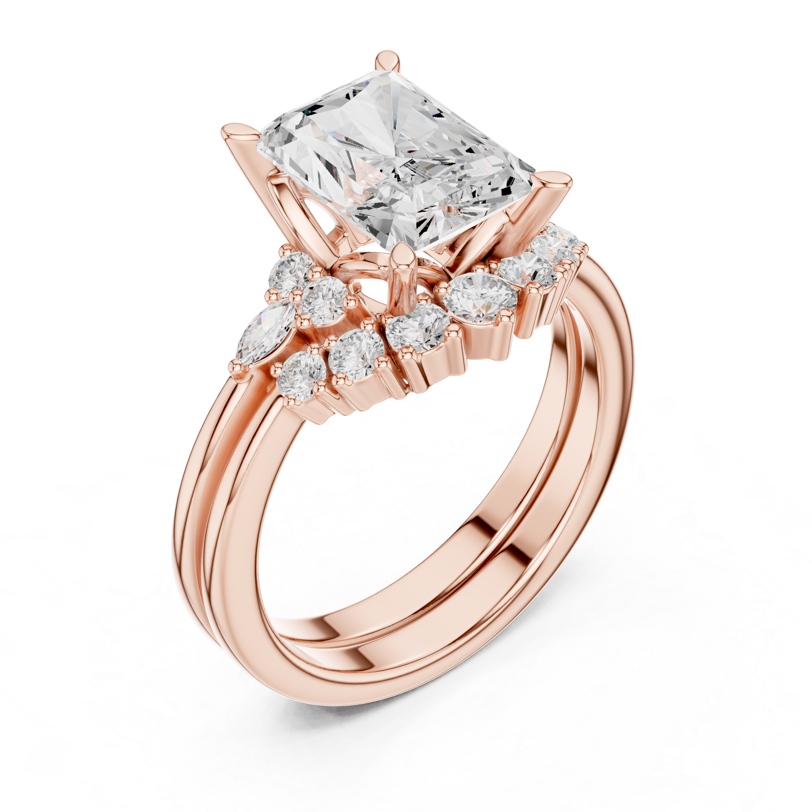 Vintage Inspired Radiant Cut Halo Engagement Ring Set with Double Band and Diamond Cluster Accents