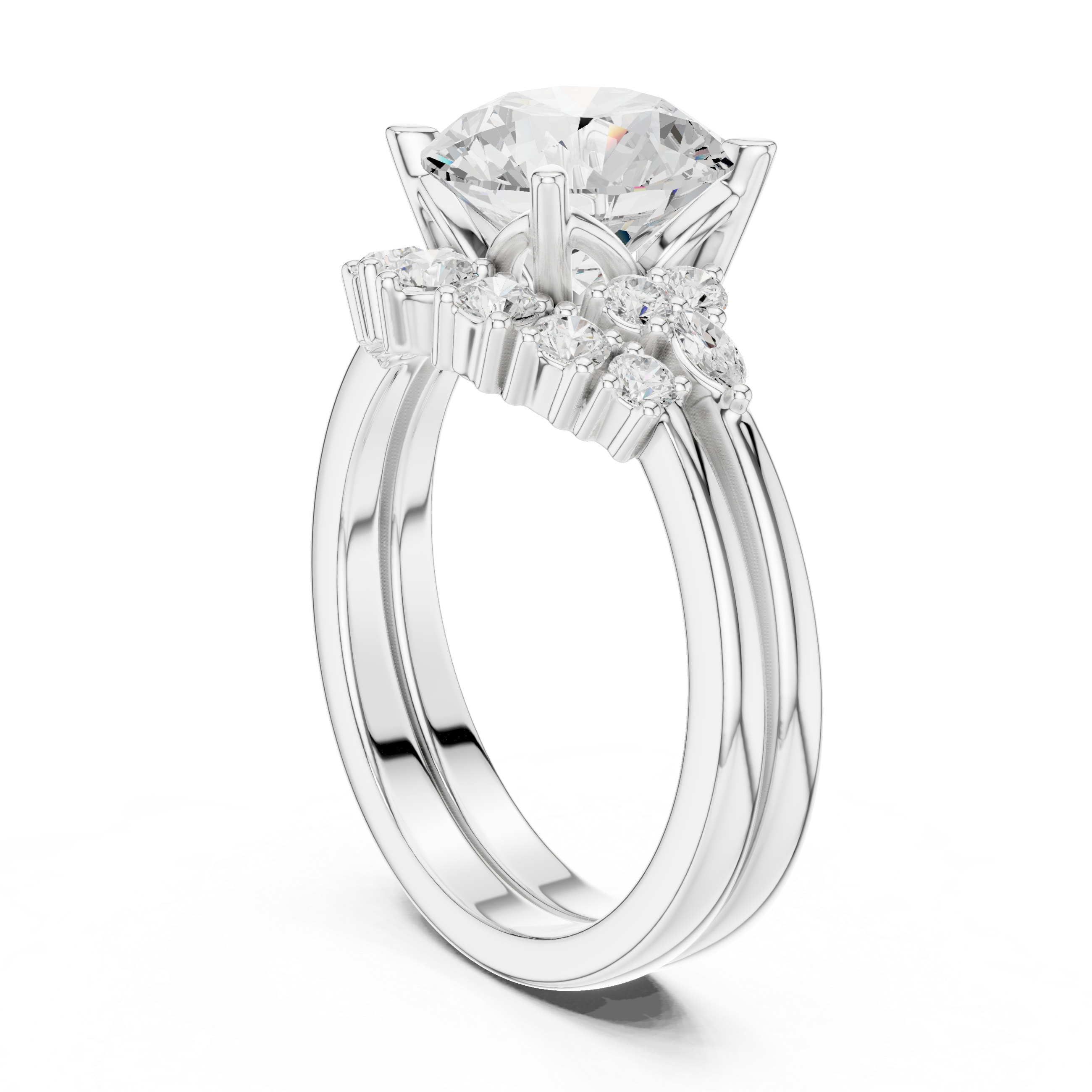 Vintage Inspired Round Cut Halo Engagement Ring Set with Double Band and Diamond Cluster Accents