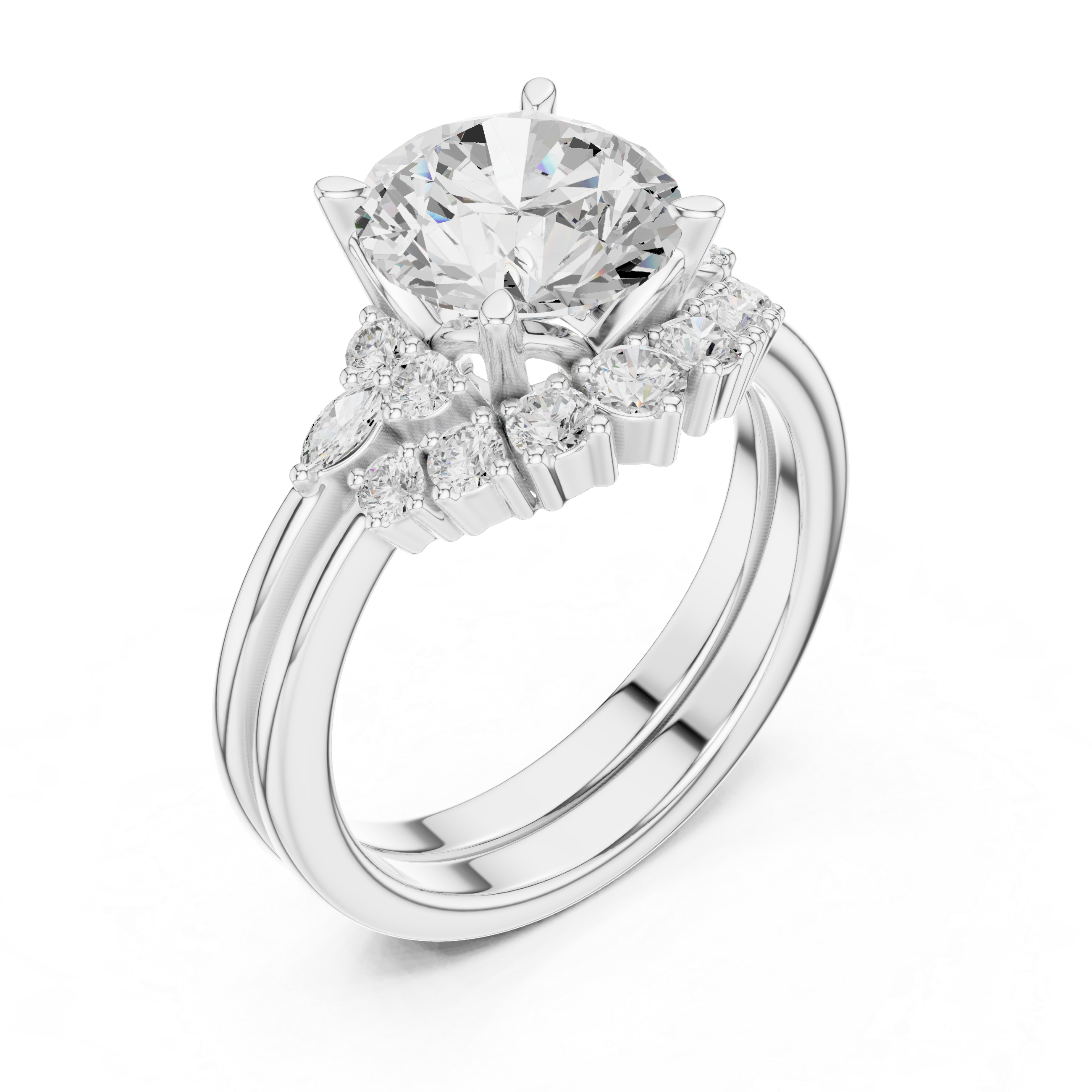 Vintage Inspired Round Cut Halo Engagement Ring Set with Double Band and Diamond Cluster Accents