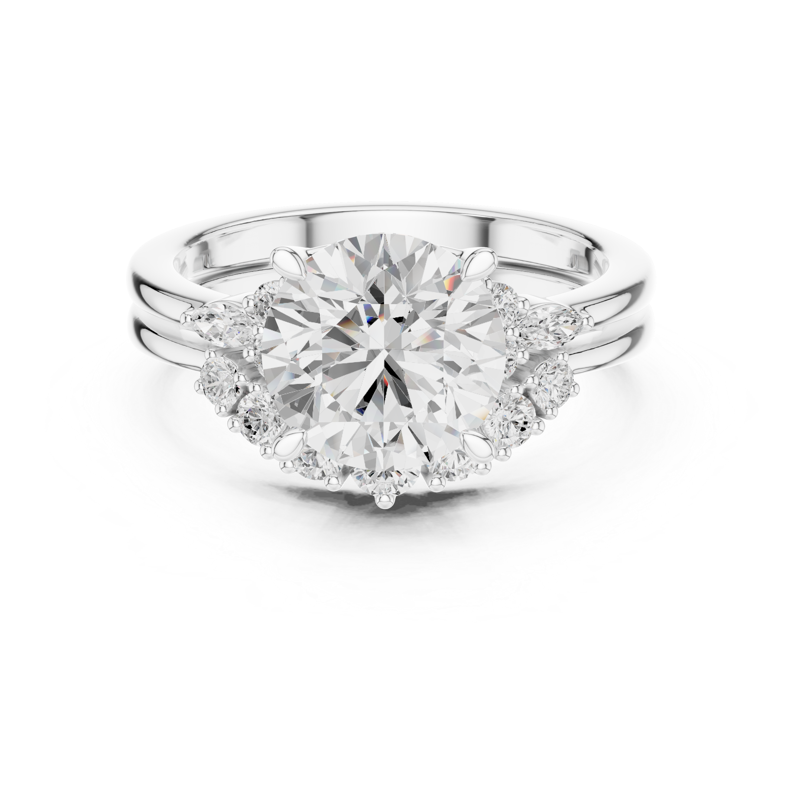 Vintage Inspired Round Cut Halo Engagement Ring Set with Double Band and Diamond Cluster Accents