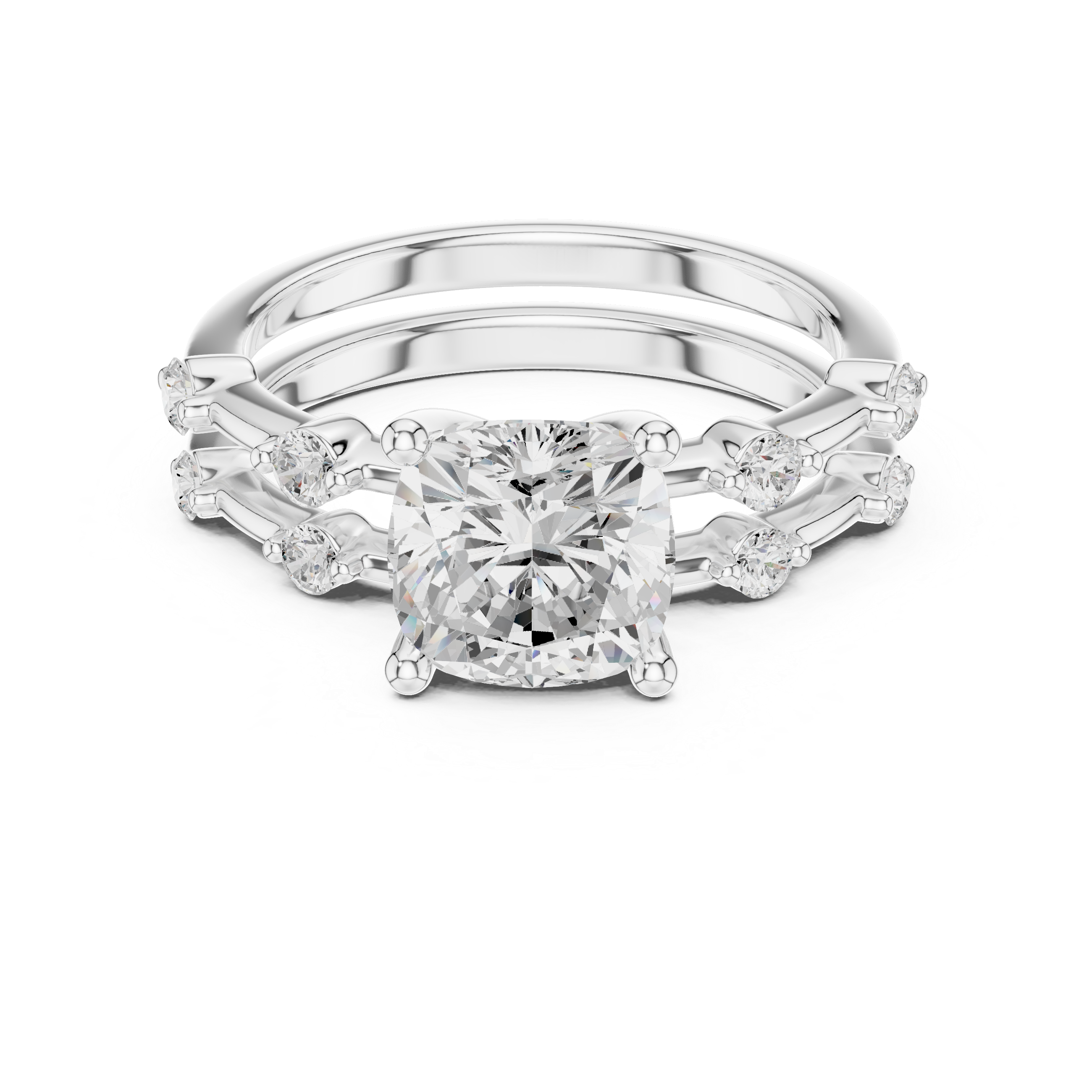 Elegant Cushion Cut Engagement Ring Set with Double Band Diamond Accents