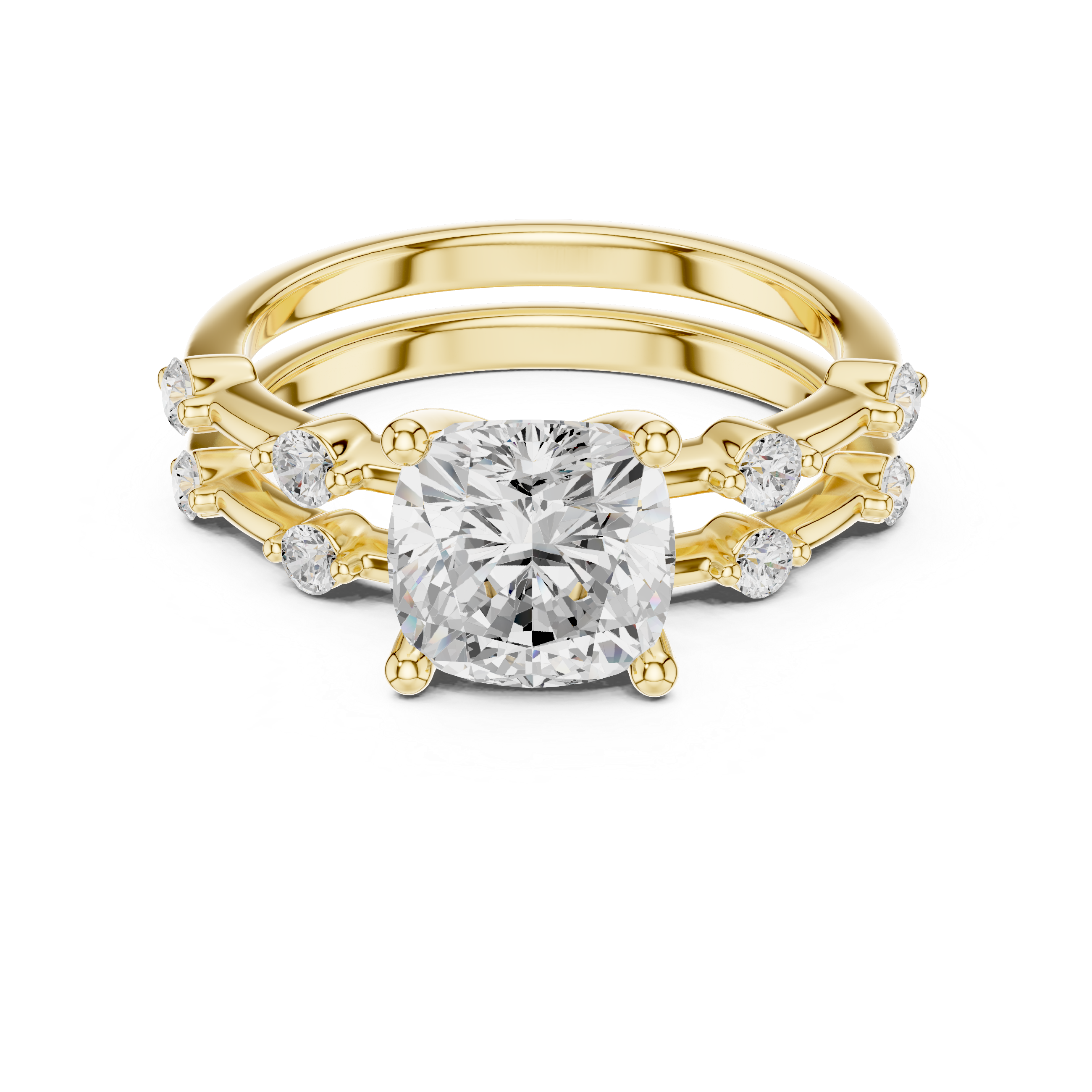Elegant Cushion Cut Engagement Ring Set with Double Band Diamond Accents
