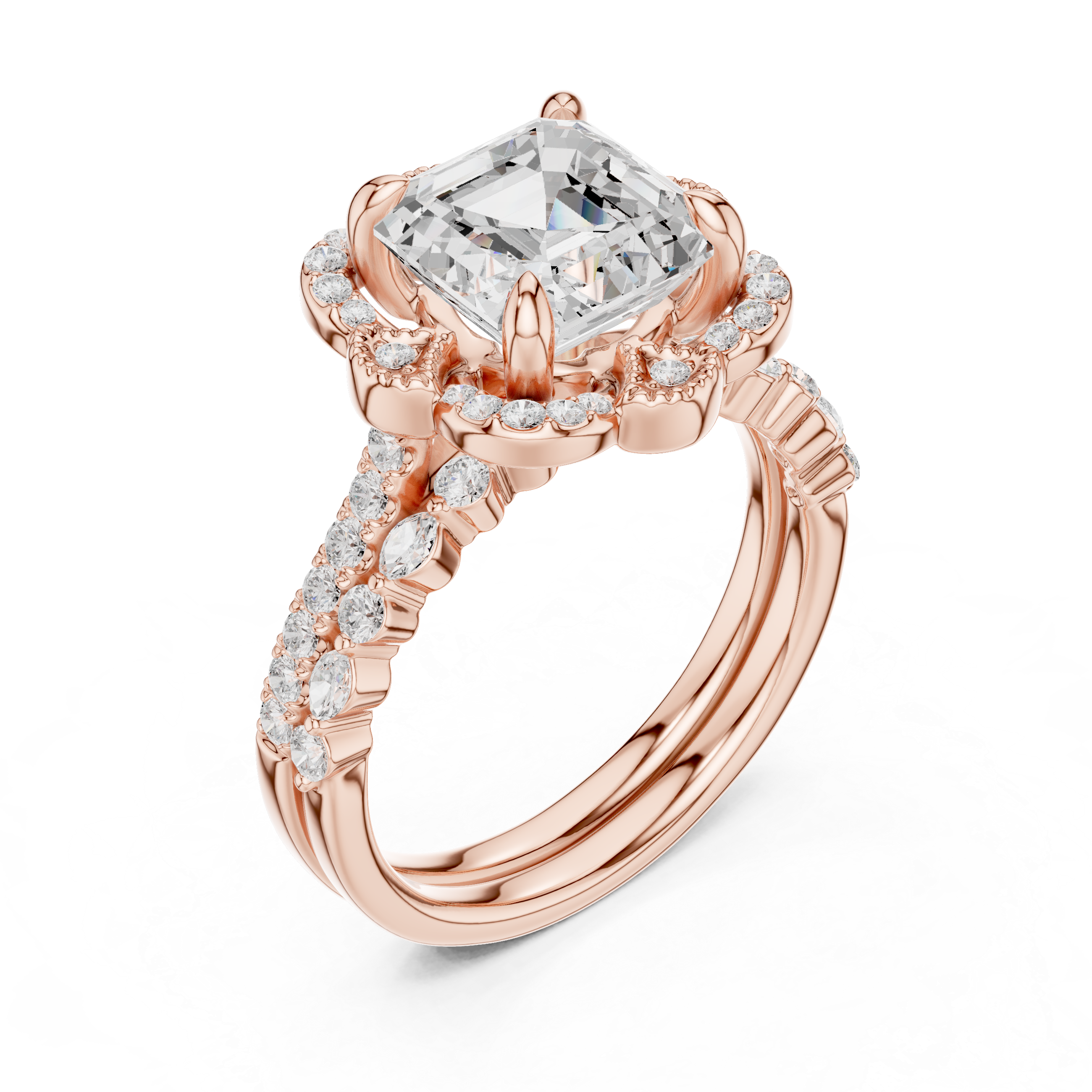 Vintage Floral Halo Asscher Cut Engagement Ring with Split Pavé Shank