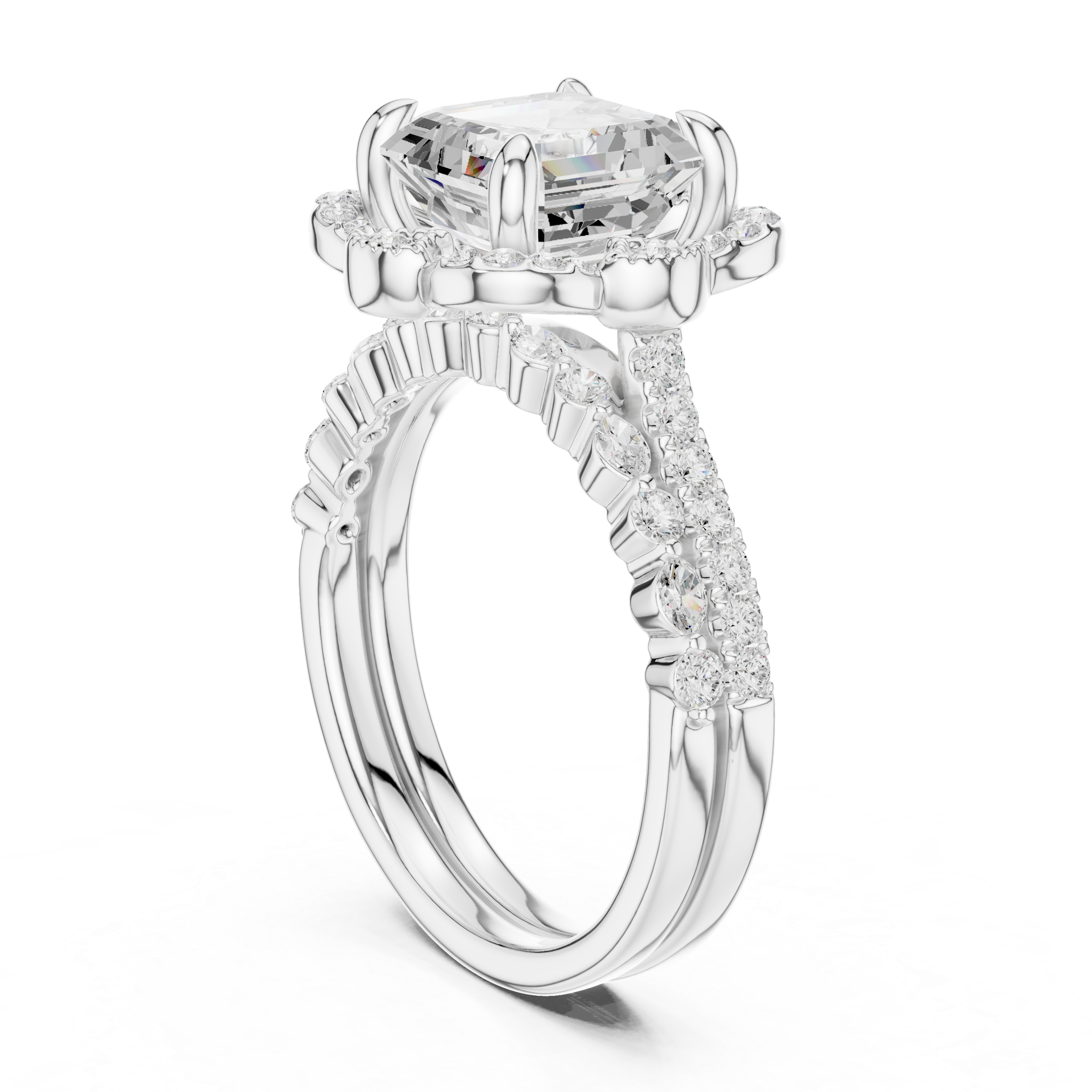 Asscher Cut Floral Halo Engagement Ring with Diamond Accent Split Band