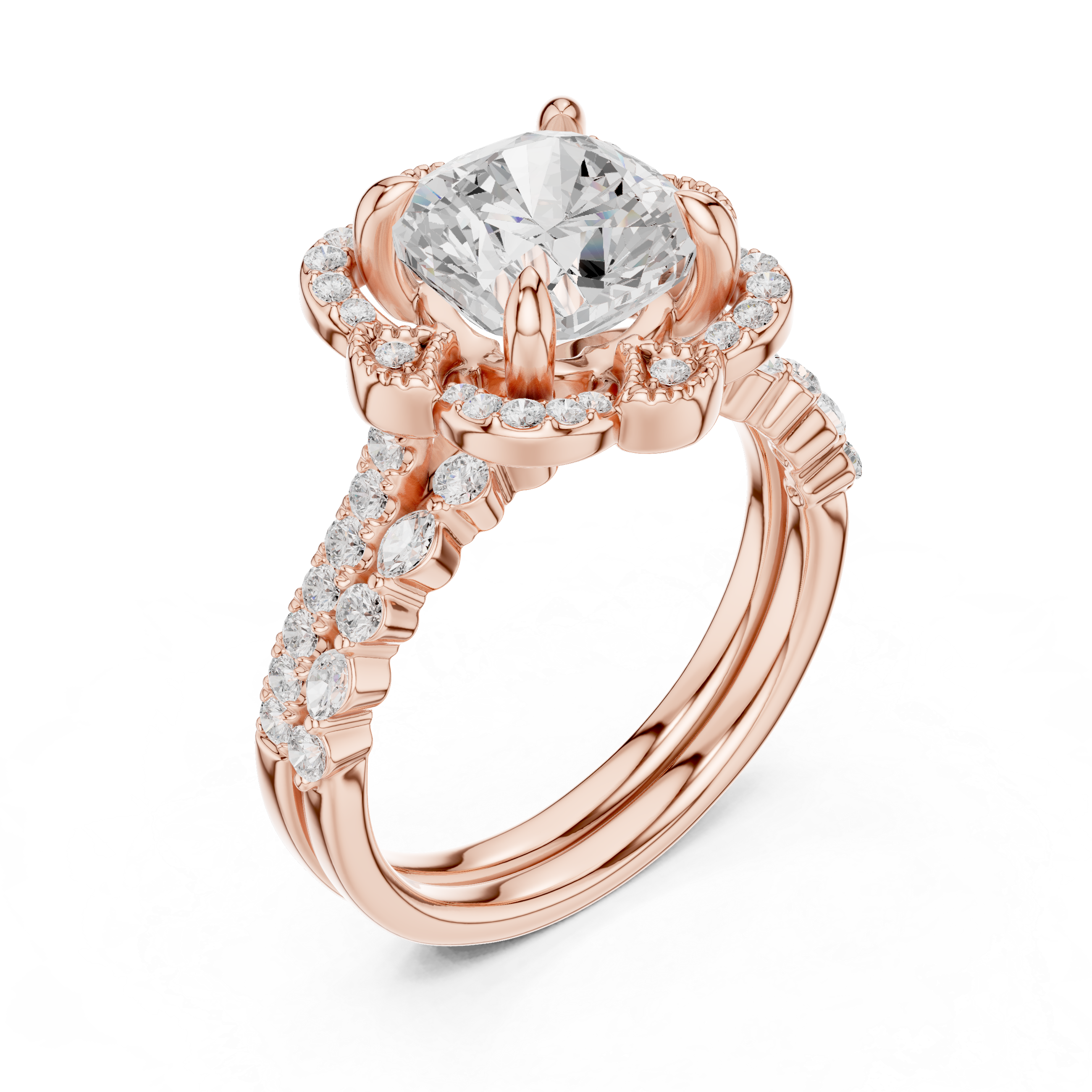 Vintage Floral Halo Cushion Cut Engagement Ring with Split Diamond Band