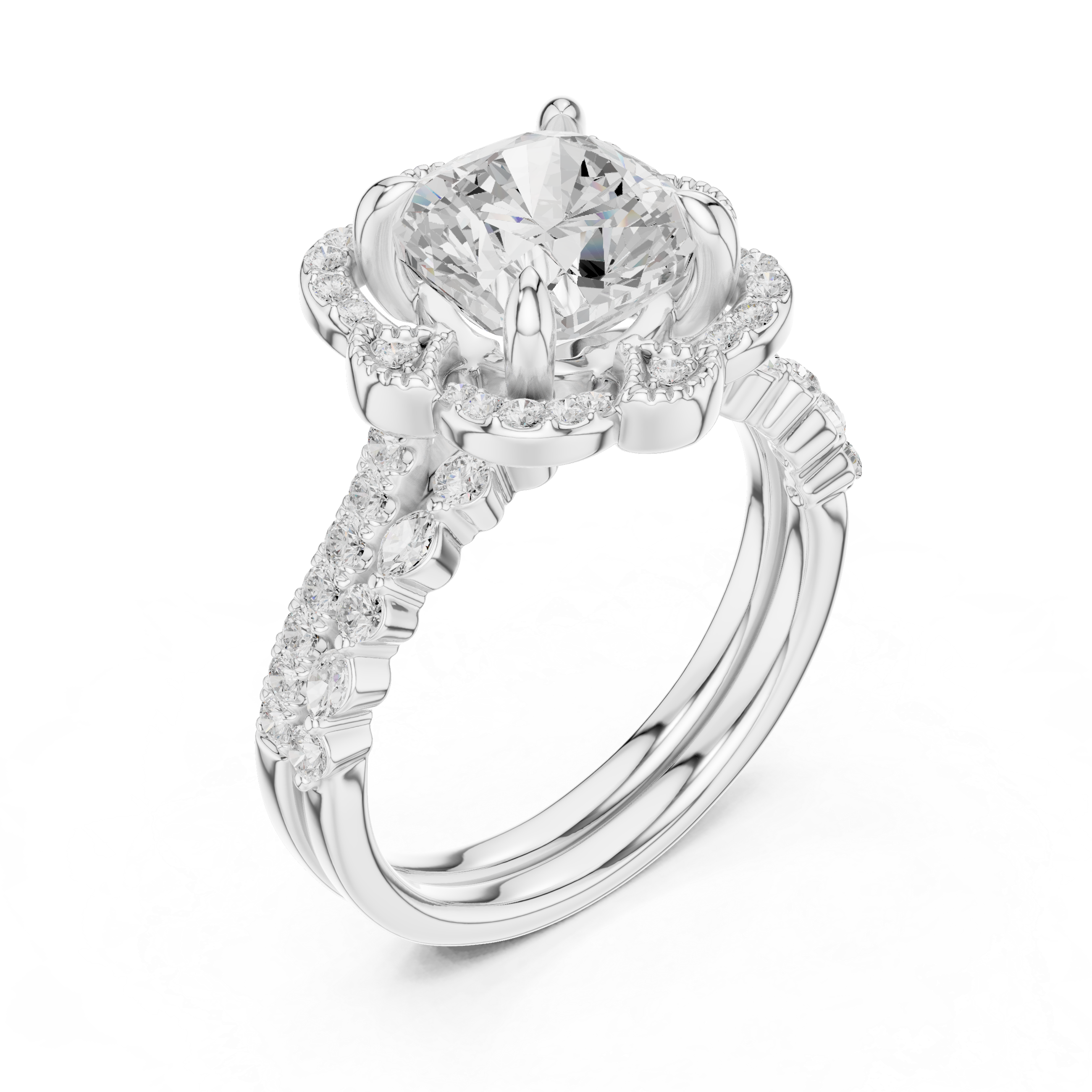 Vintage Floral Halo Cushion Cut Engagement Ring with Split Diamond Band