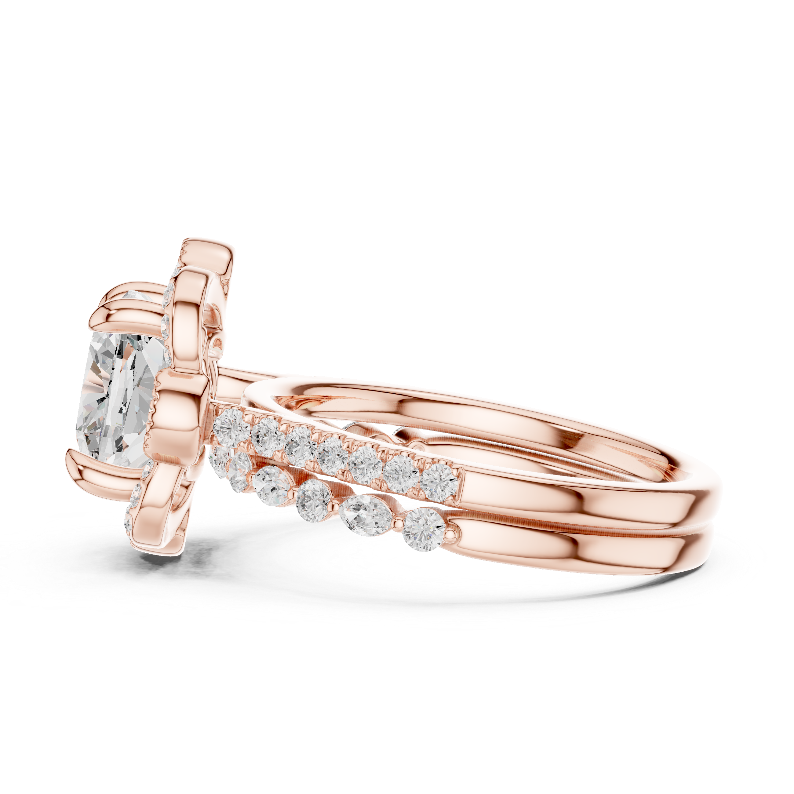 Cushion Cut Floral Halo Engagement Ring with Diamond Accent Band