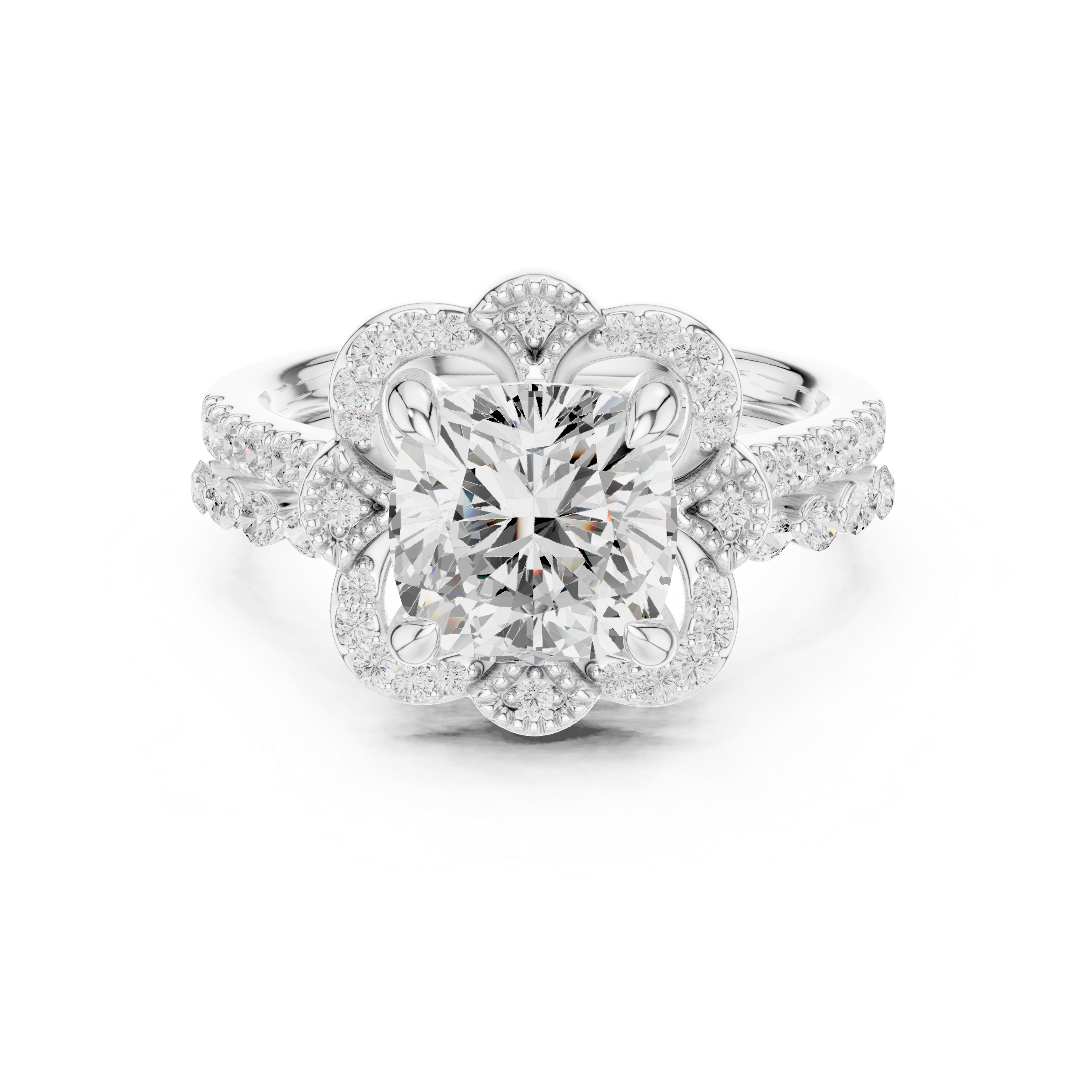 Vintage Floral Halo Cushion Cut Engagement Ring with Split Diamond Band